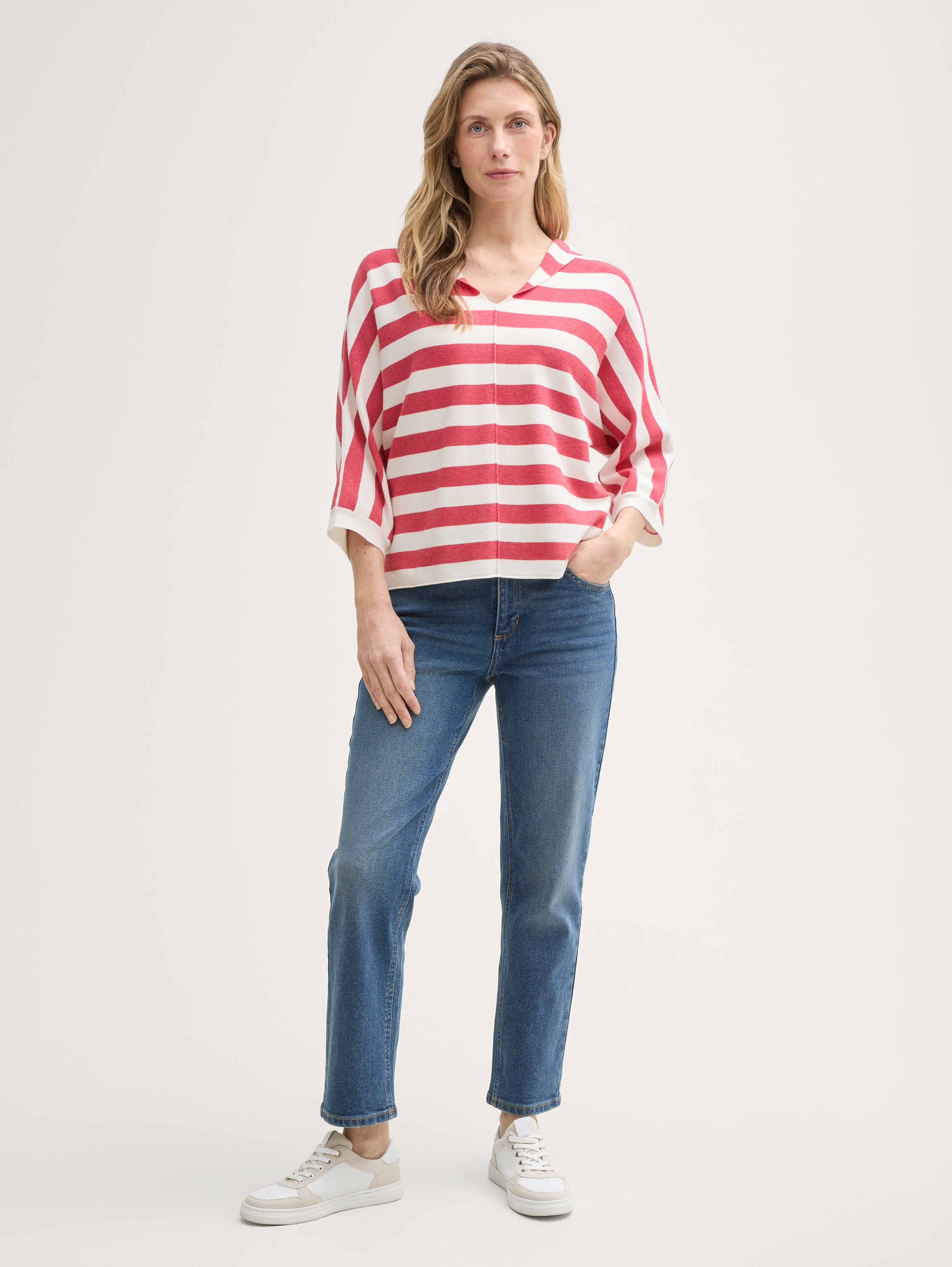 Loose Fit Strickpullover mit Kapuze - red_melange_block_stripe - 