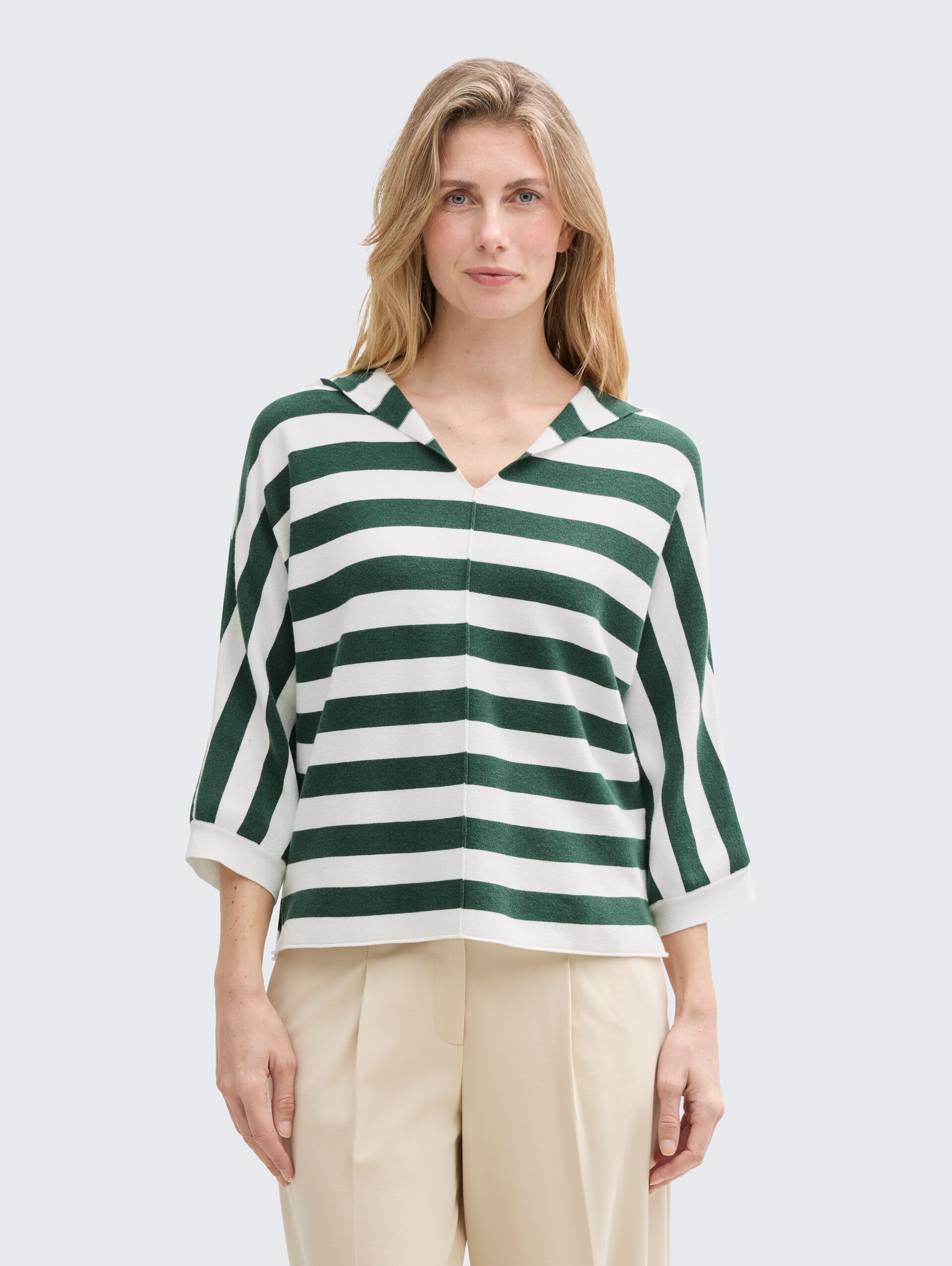 Loose Fit Strickpullover mit Kapuze - green melange block stripe - Ausschnitt Model-Vorderansicht