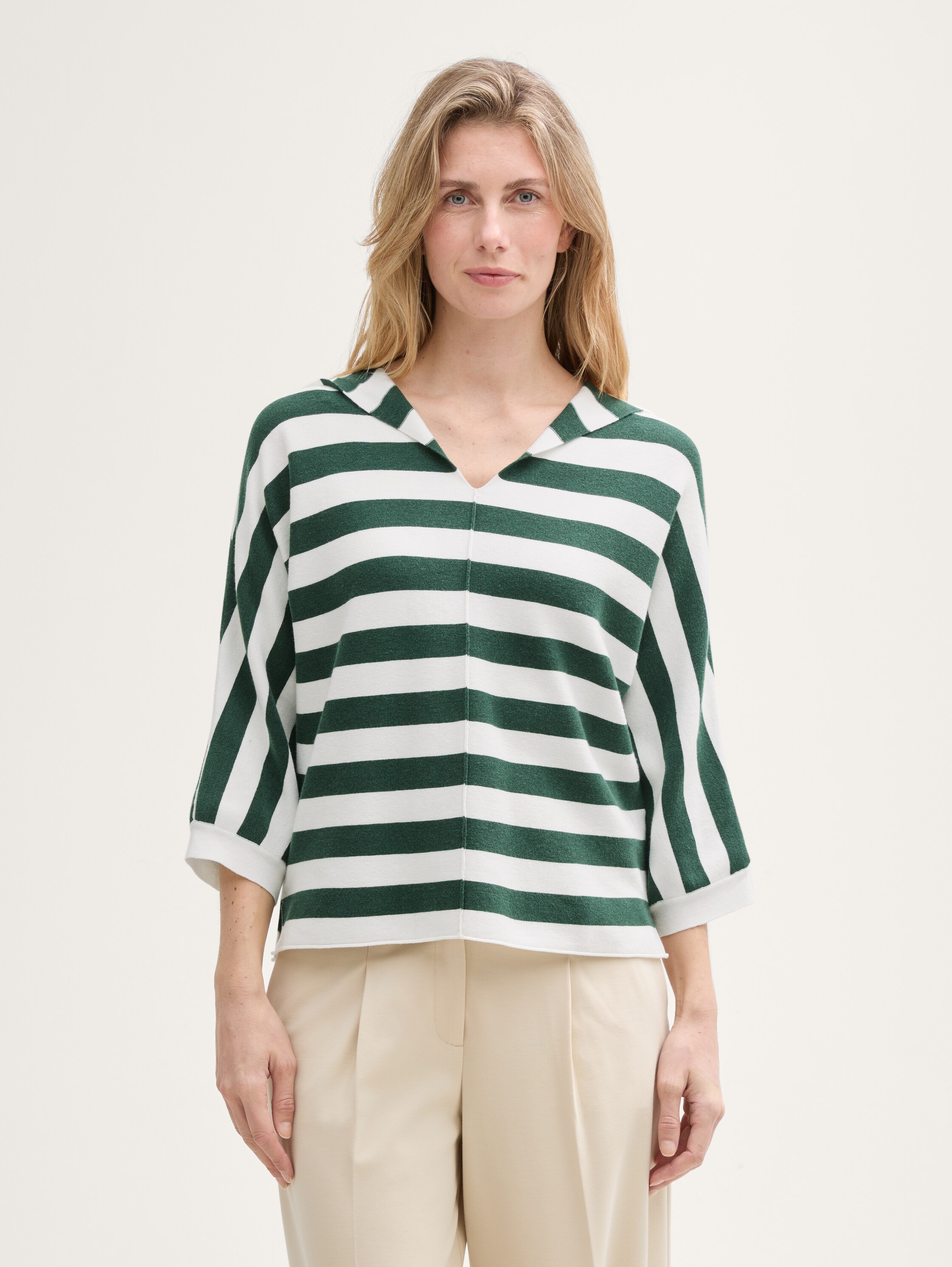 Loose Fit Strickpullover mit Kapuze - green_melange_block_stripe - 