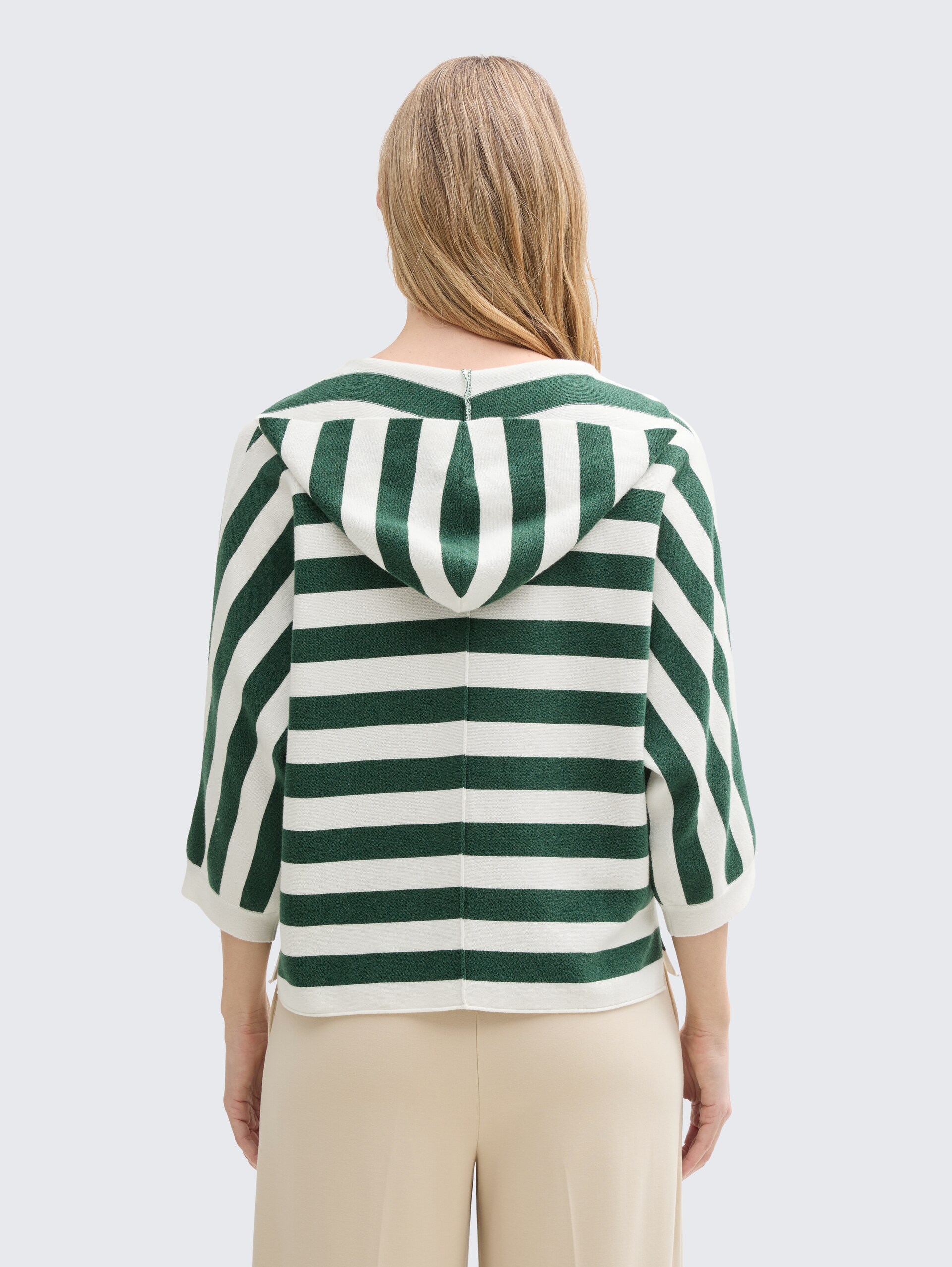 Loose Fit Strickpullover mit Kapuze - green melange block stripe