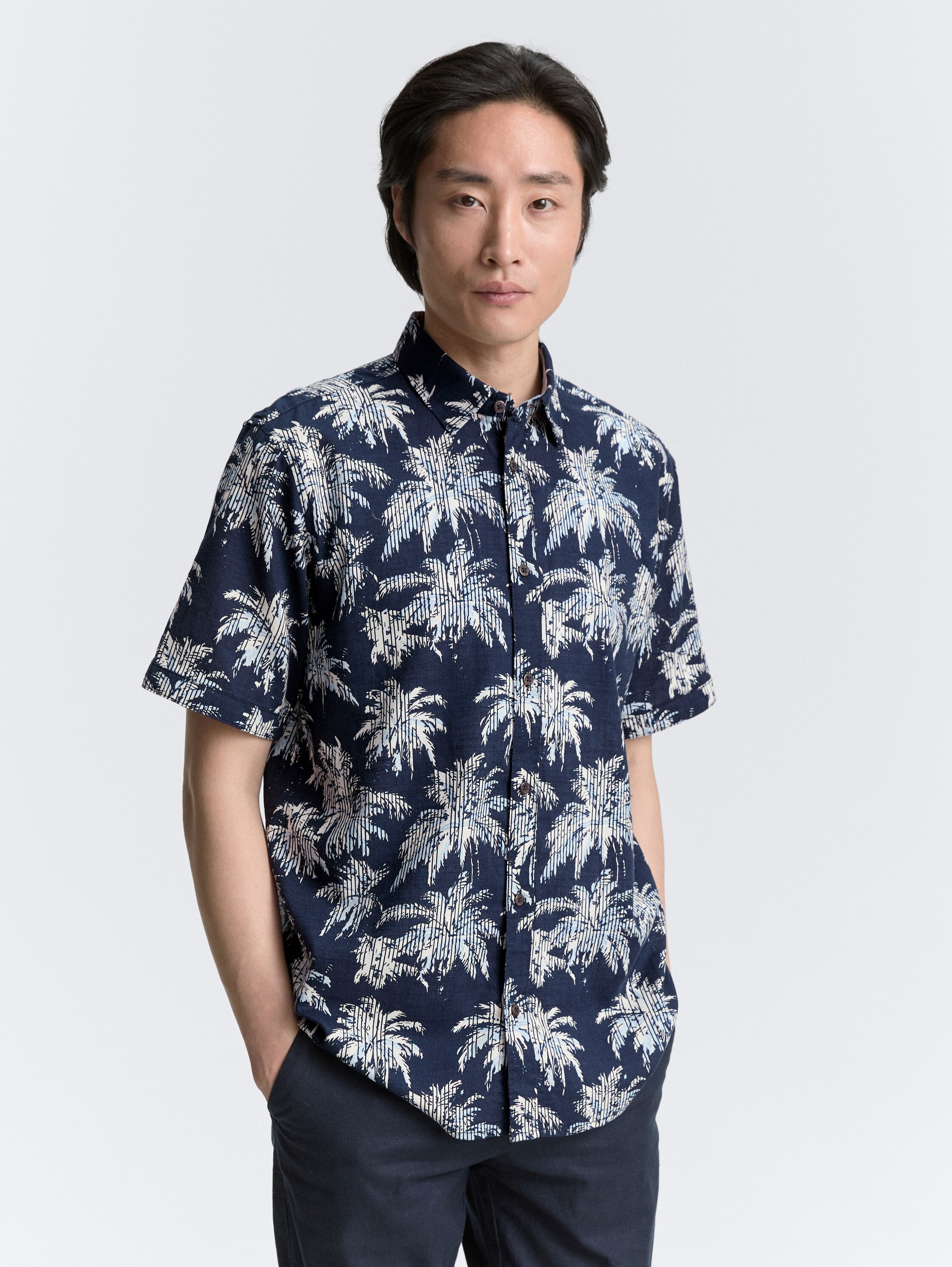 Regular Fit Kurzarmhemd mit Palmen-Print - navy_blue_stripe_palm_design - 