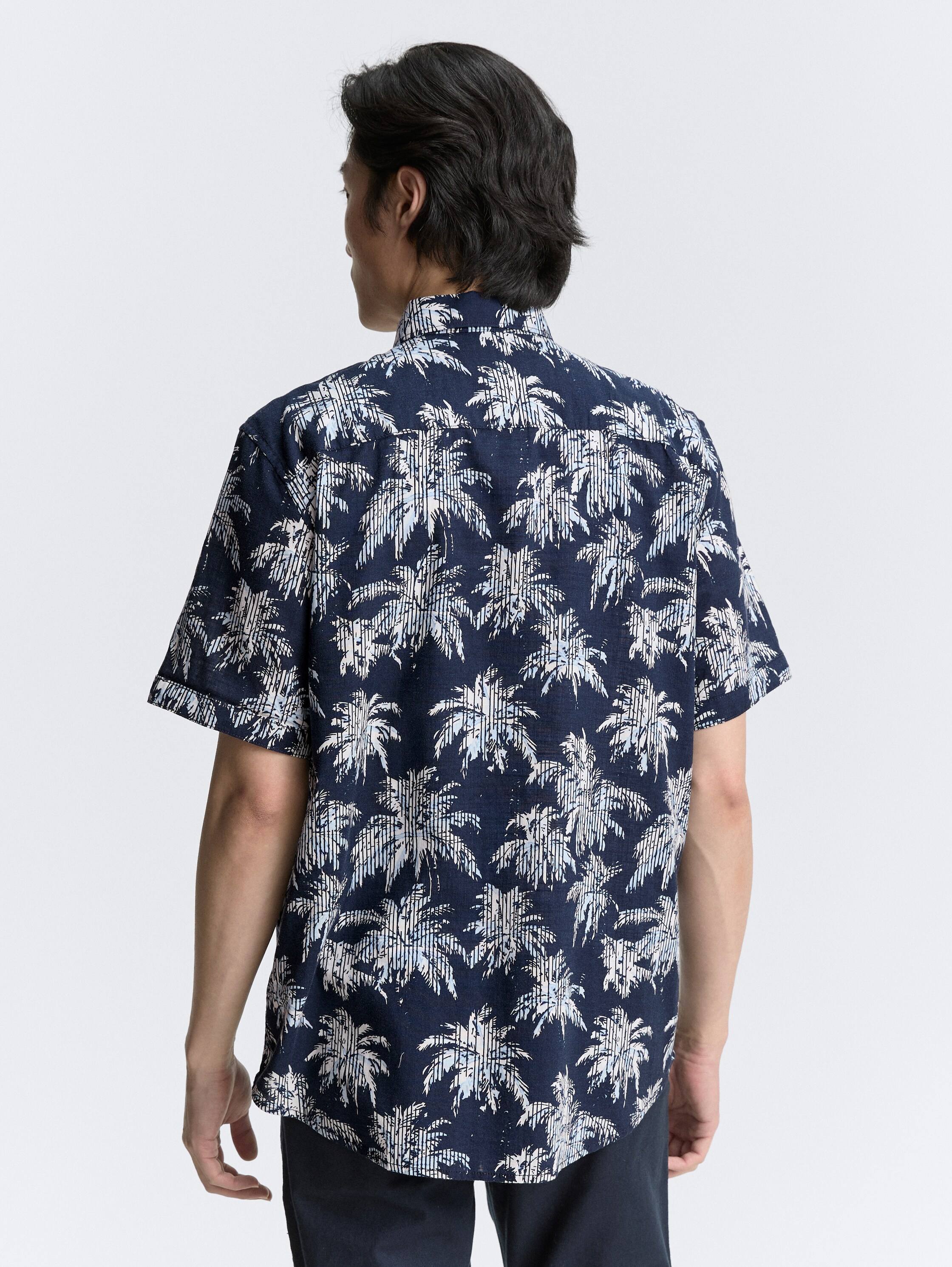Regular Fit Kurzarmhemd mit Palmen-Print - navy_blue_stripe_palm_design - 