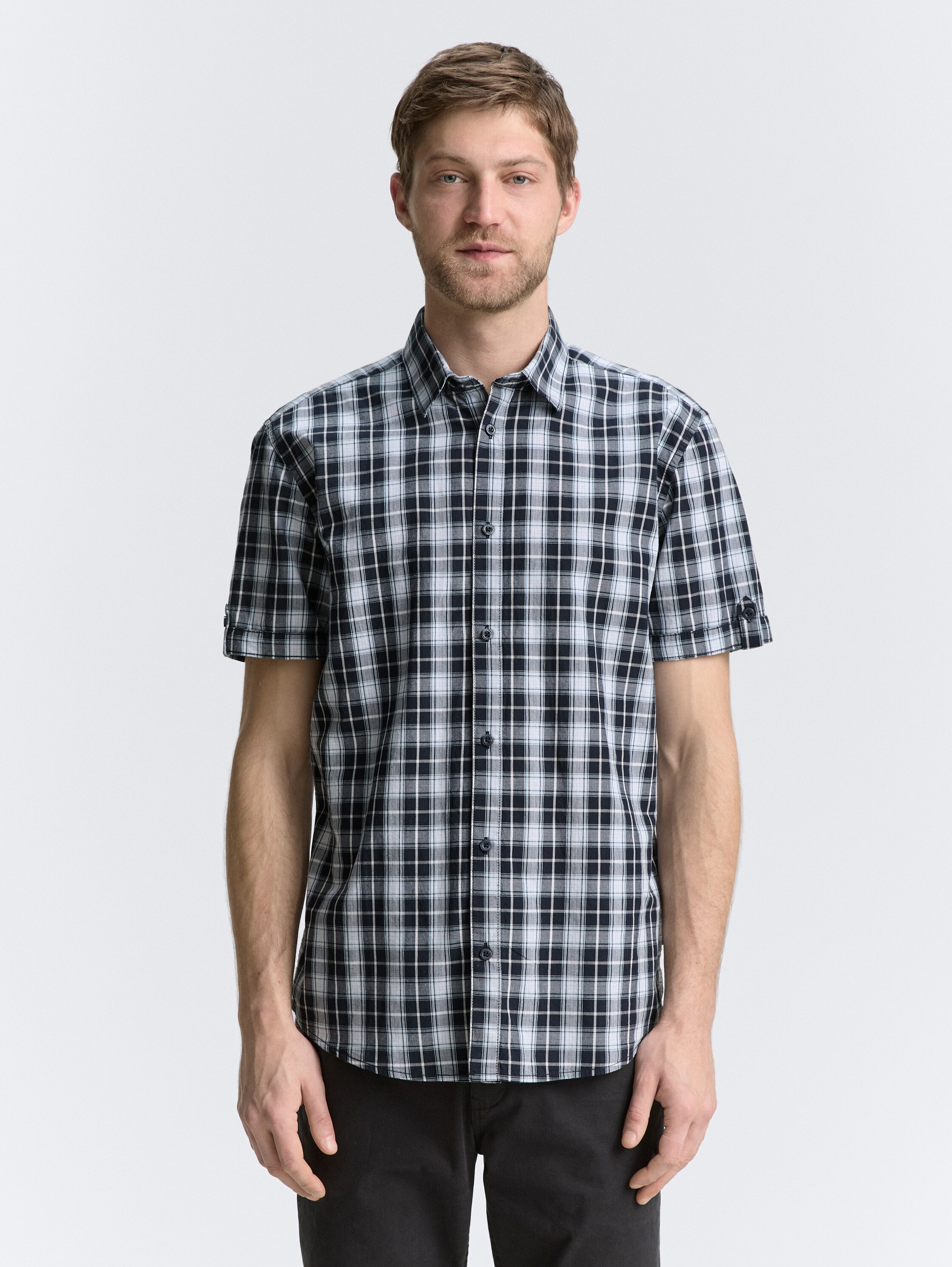 Regular fit short sleeve shirt with checked pattern - navy_powder_blue_check - 