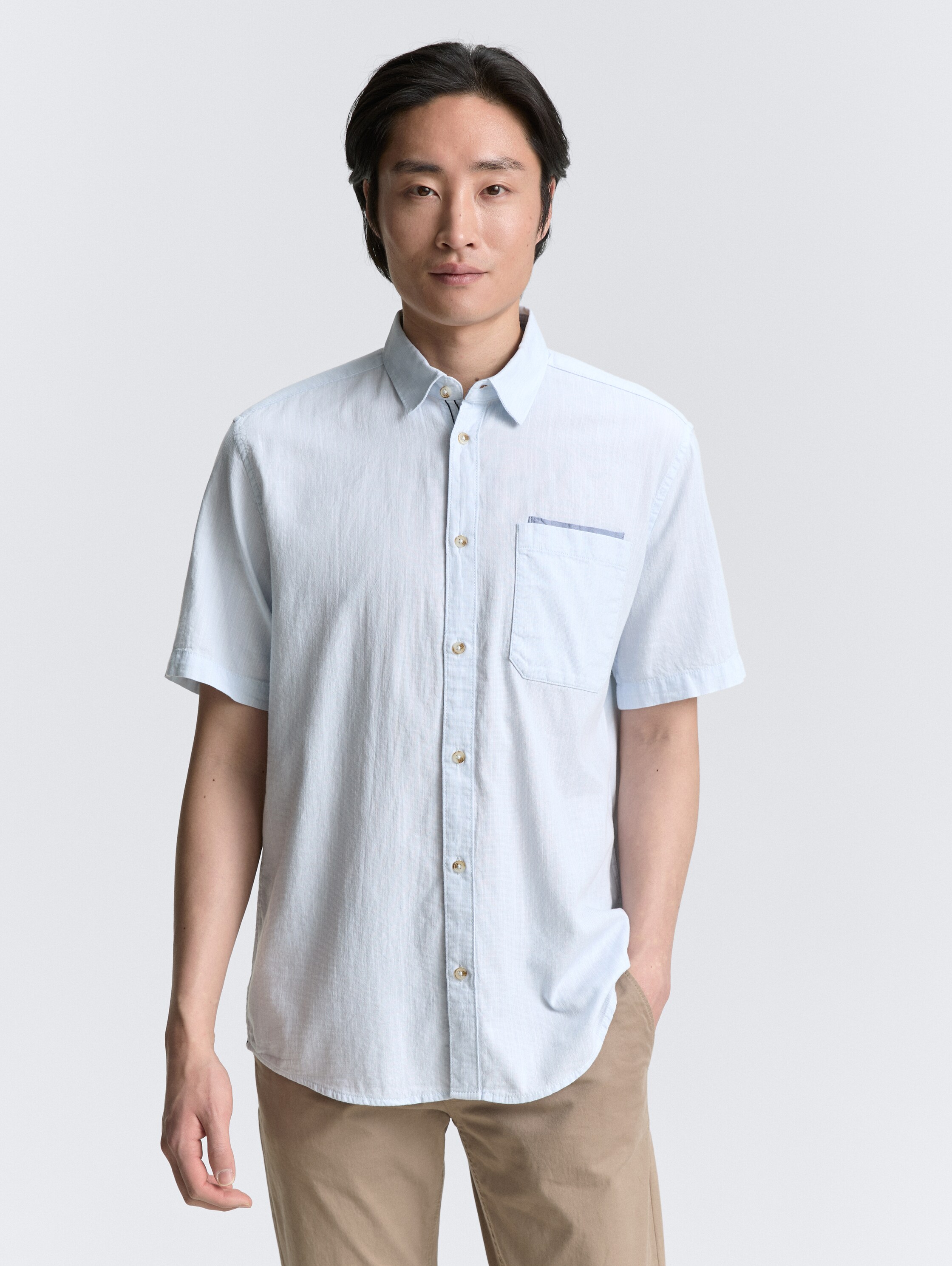Regular Fit Kurzarmhemd aus Baumwolle - light_blue_slub_structure - 