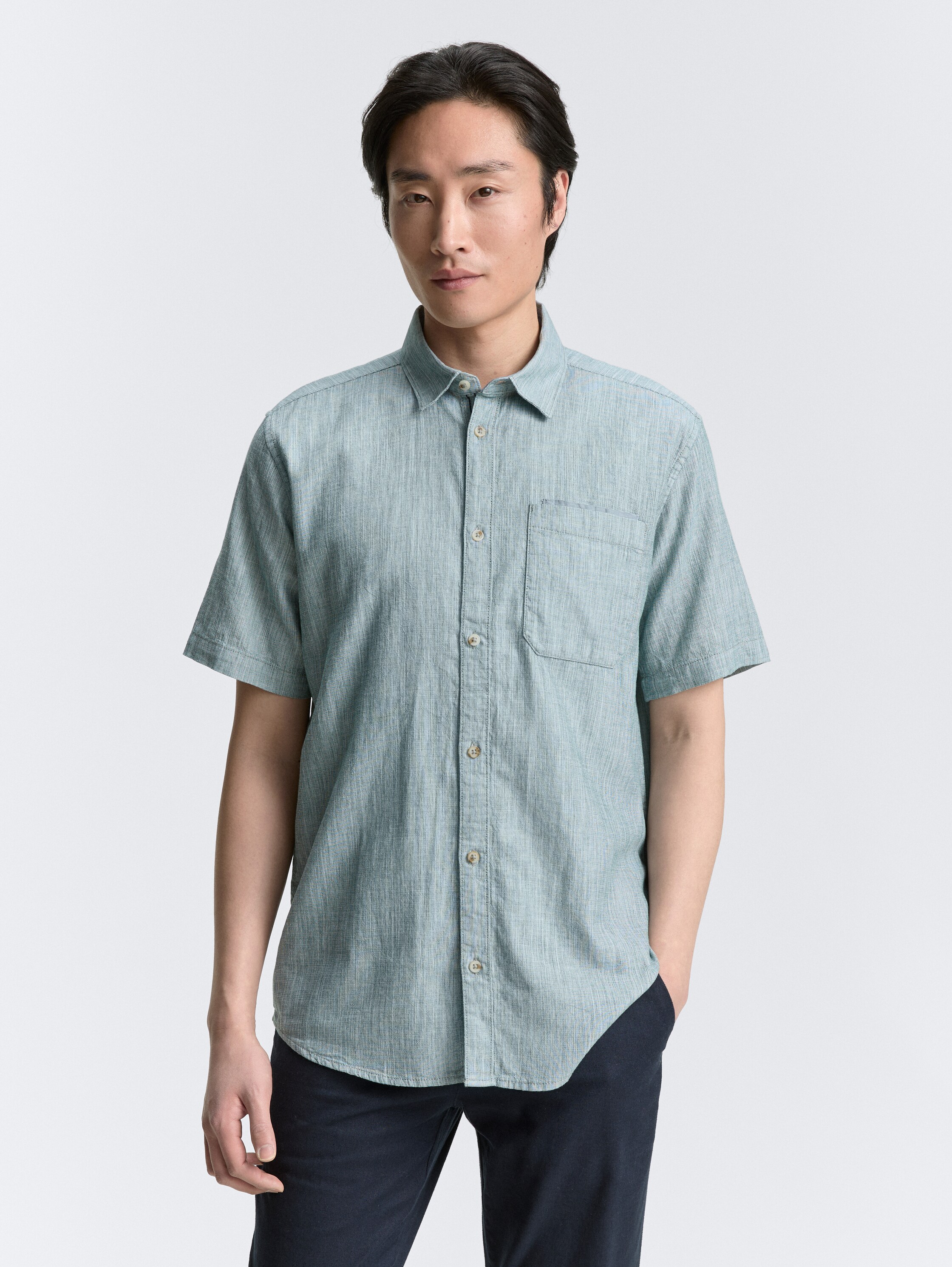 Regular Fit Kurzarmhemd aus Baumwolle - green_slub_structure - 