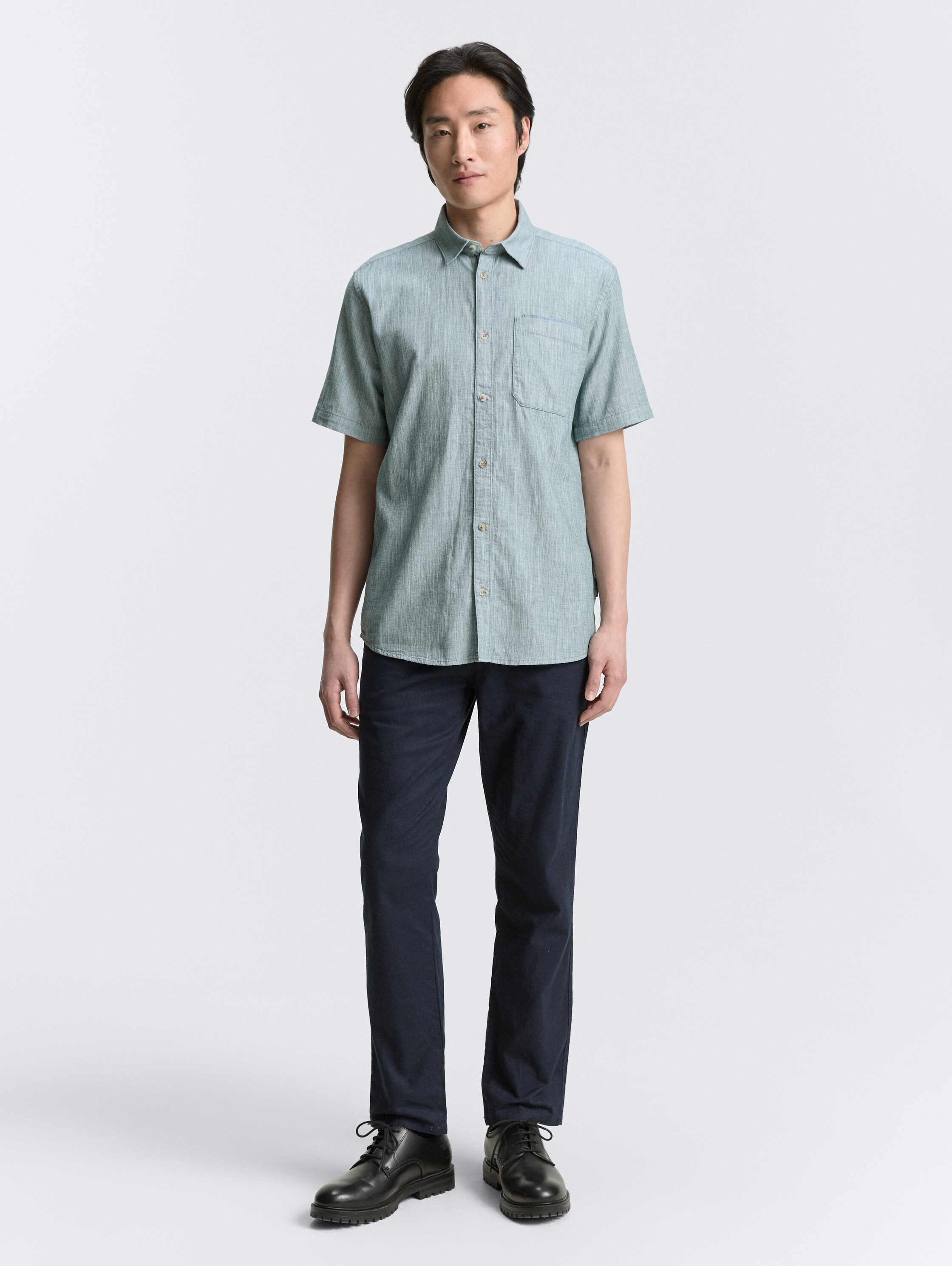 Regular Fit Kurzarmhemd aus Baumwolle - green_slub_structure - 