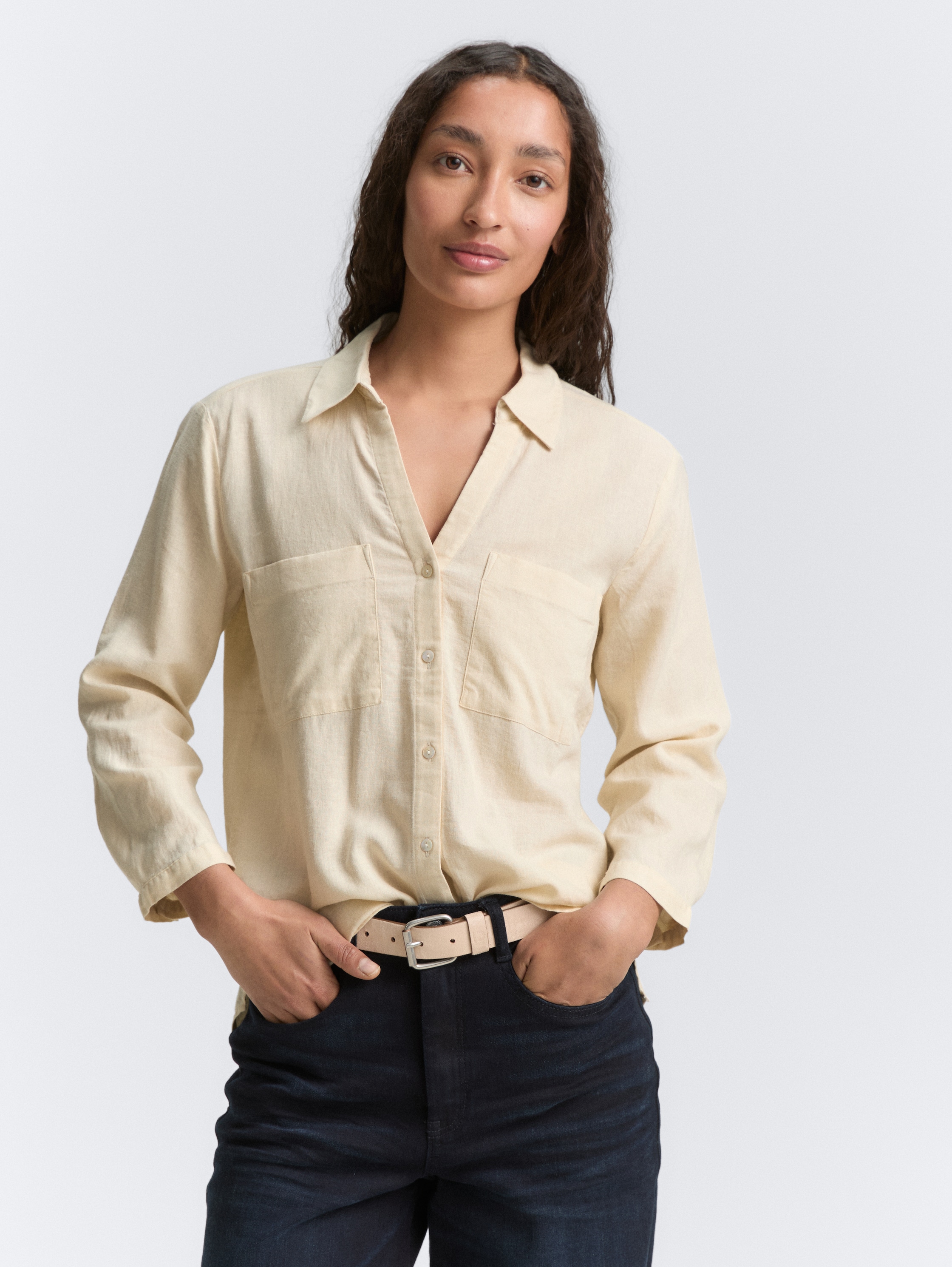 Hemdbluse mit Leinenanteil - champagne - 