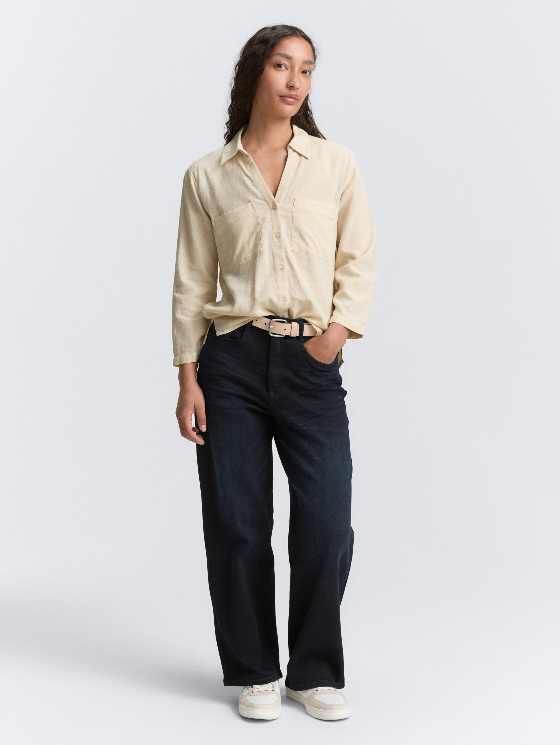 Hemdbluse mit Leinenanteil - champagne - 