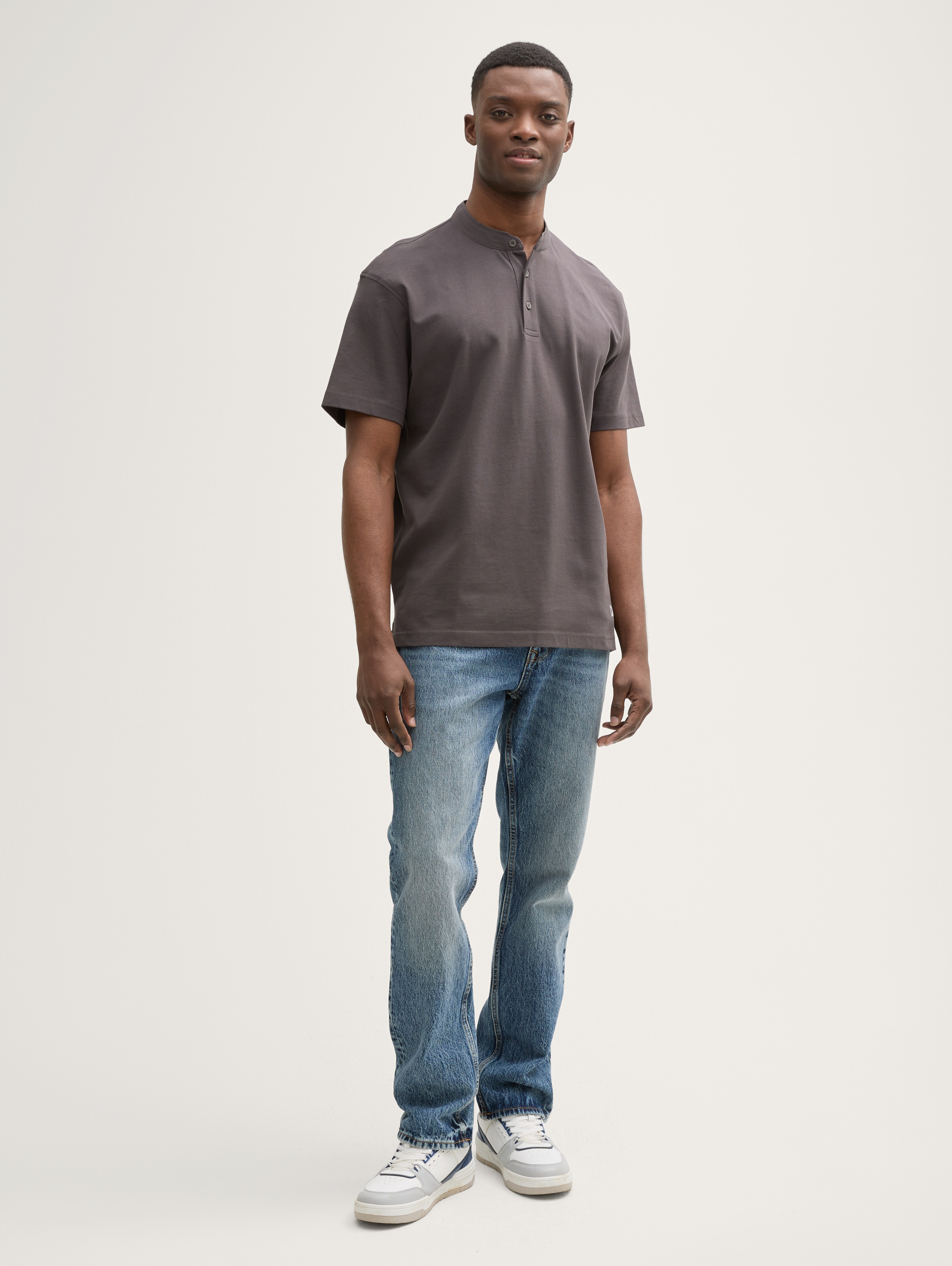 Relaxed fit polo shirt with stand-up collar in grey by Tom Tailor
