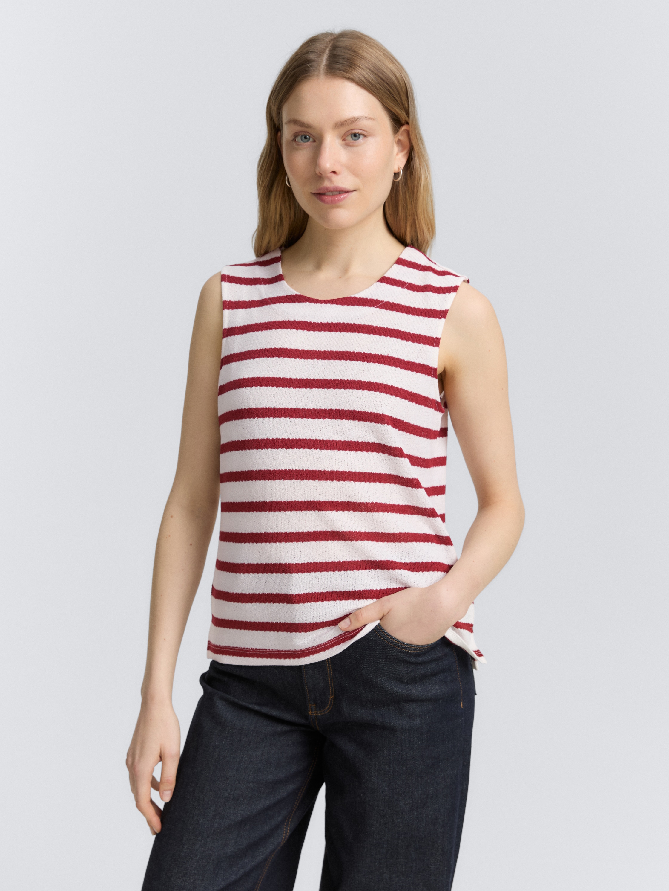 Stricktop mit Rundhalsausschnitt - offwhite_deep_red_stripe - 