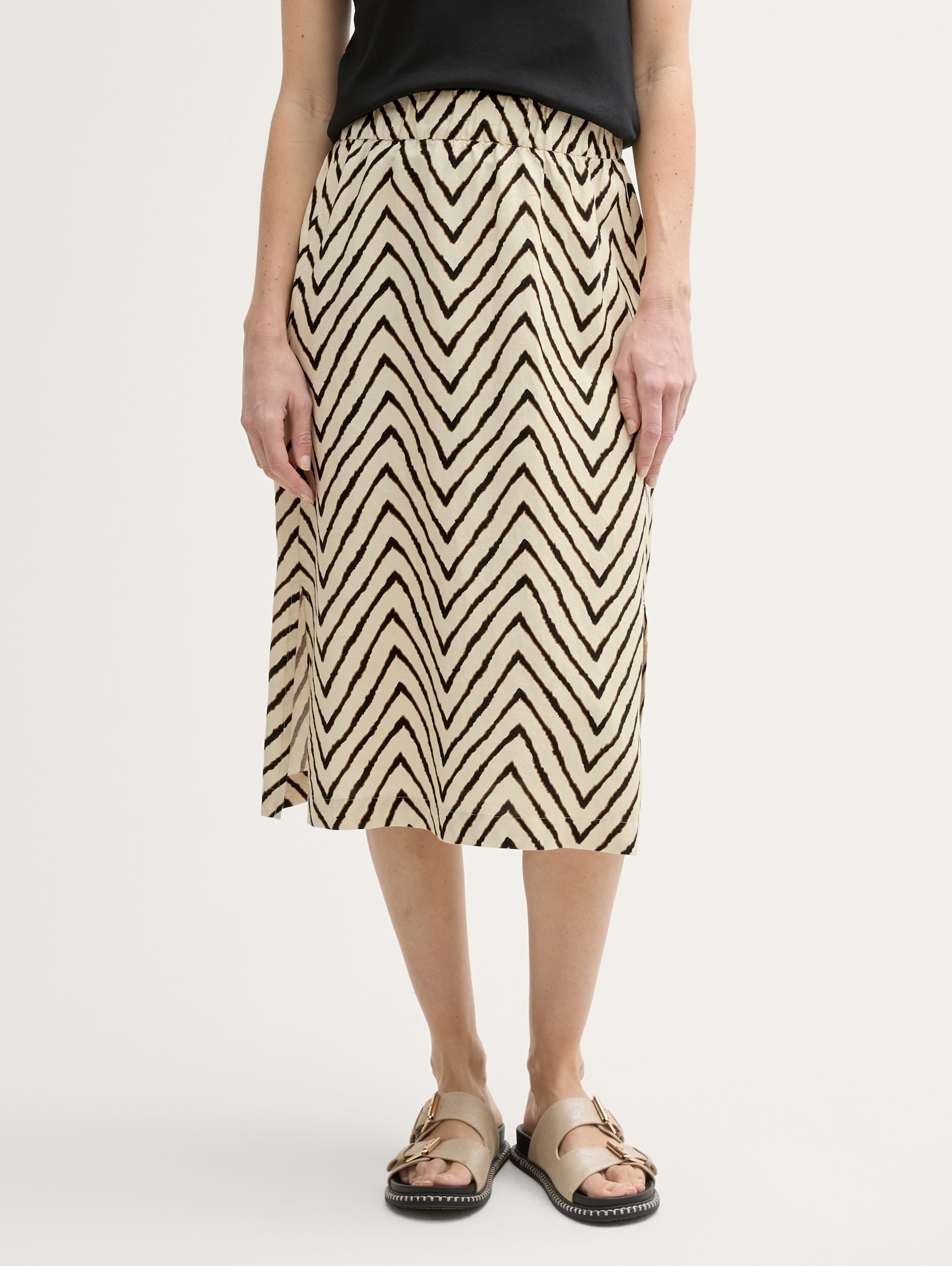 Midi-rok met hoge taille en linnen inhoud - natural zig zag design - Nek model vooraanzicht