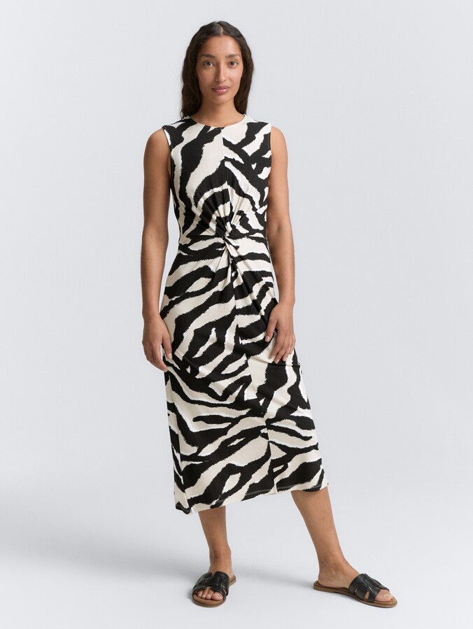 Jersey midi-jurk met knoopdetail door Women, abstract beige zebra