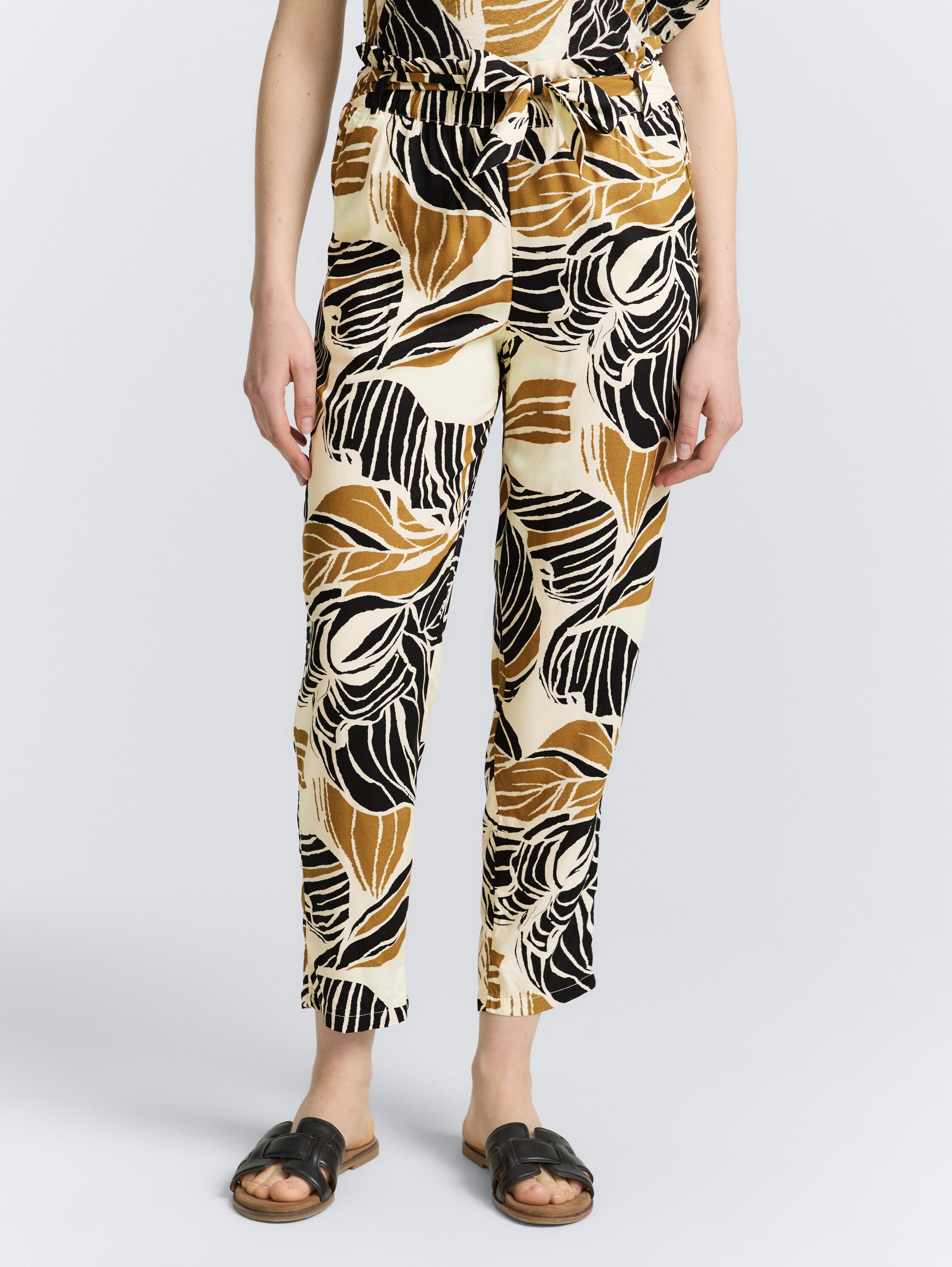 Loose Slim Paperbag Hose - neutral_cut_leaves_design - 