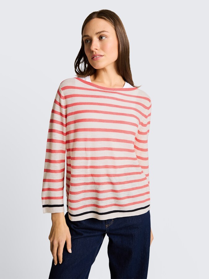 Gebreide trui met streepjesmotief door Women, coral offwhite navy stripe