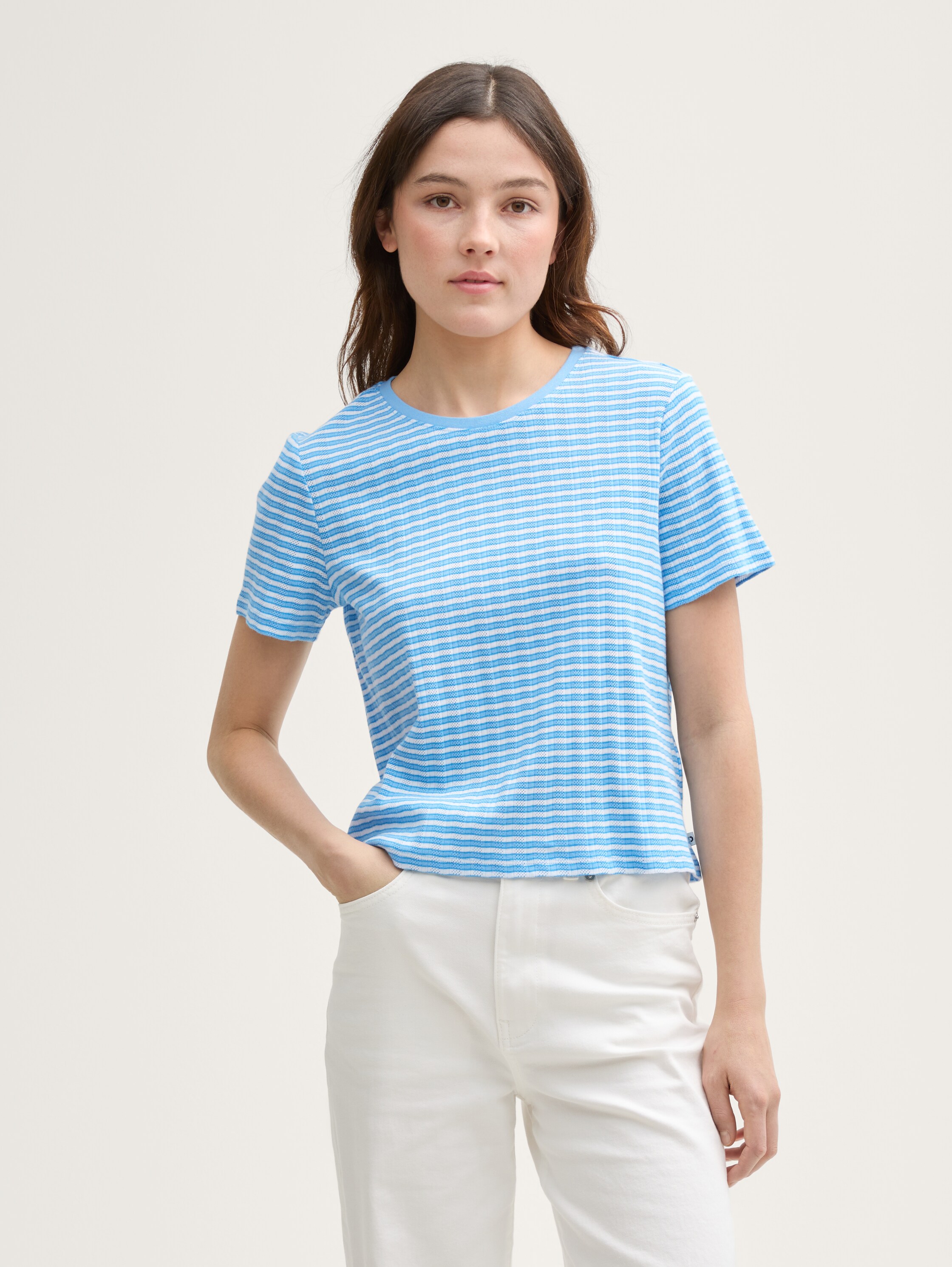 Boxy Fit Pointelle T-Shirt - blue_white_stripe - 