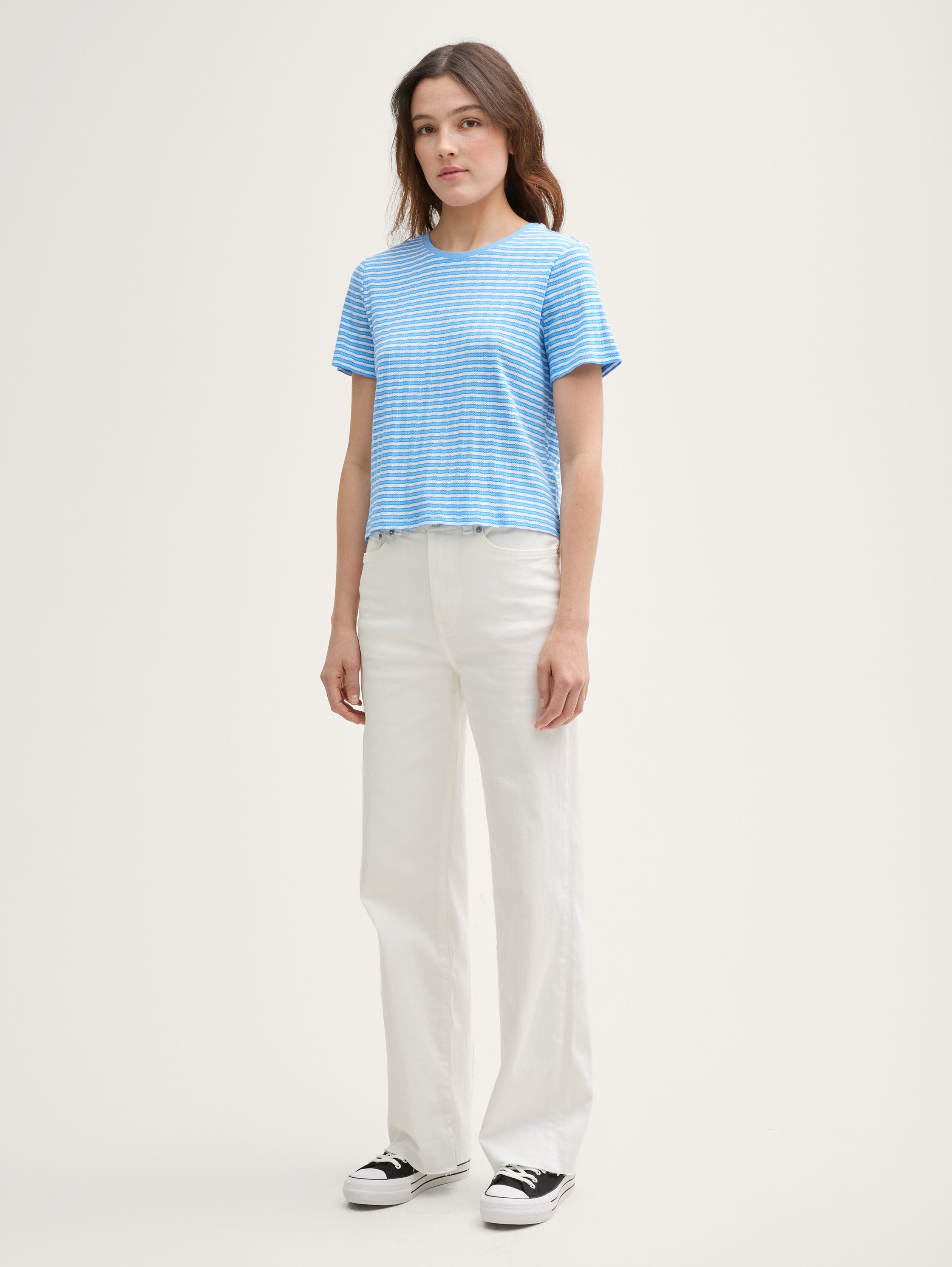 Boxy Fit Pointelle T-Shirt - blue_white_stripe - 