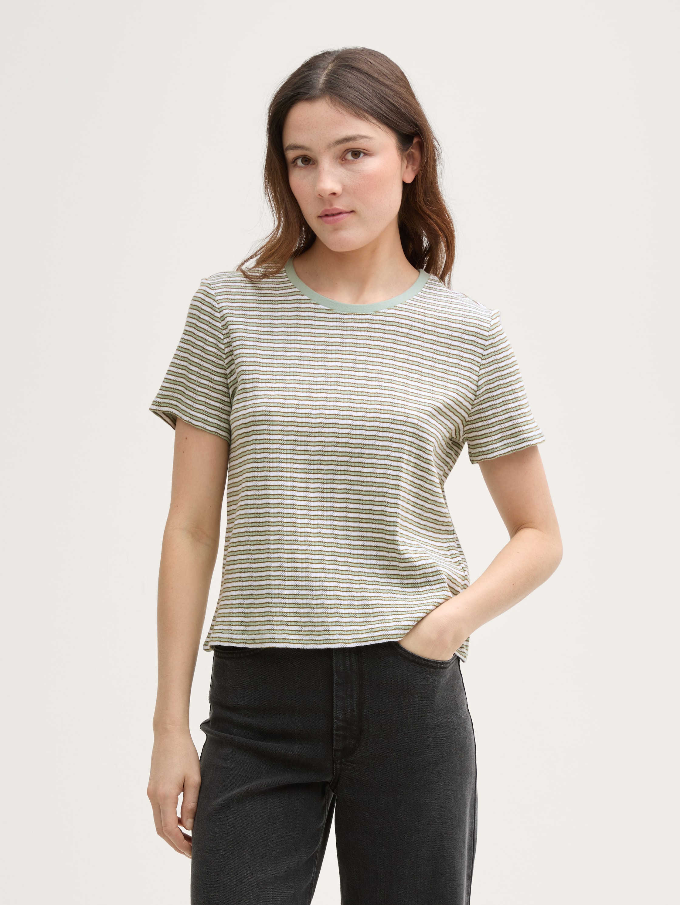 Boxy Fit Pointelle T-Shirt - green_white_stripe_1 - 