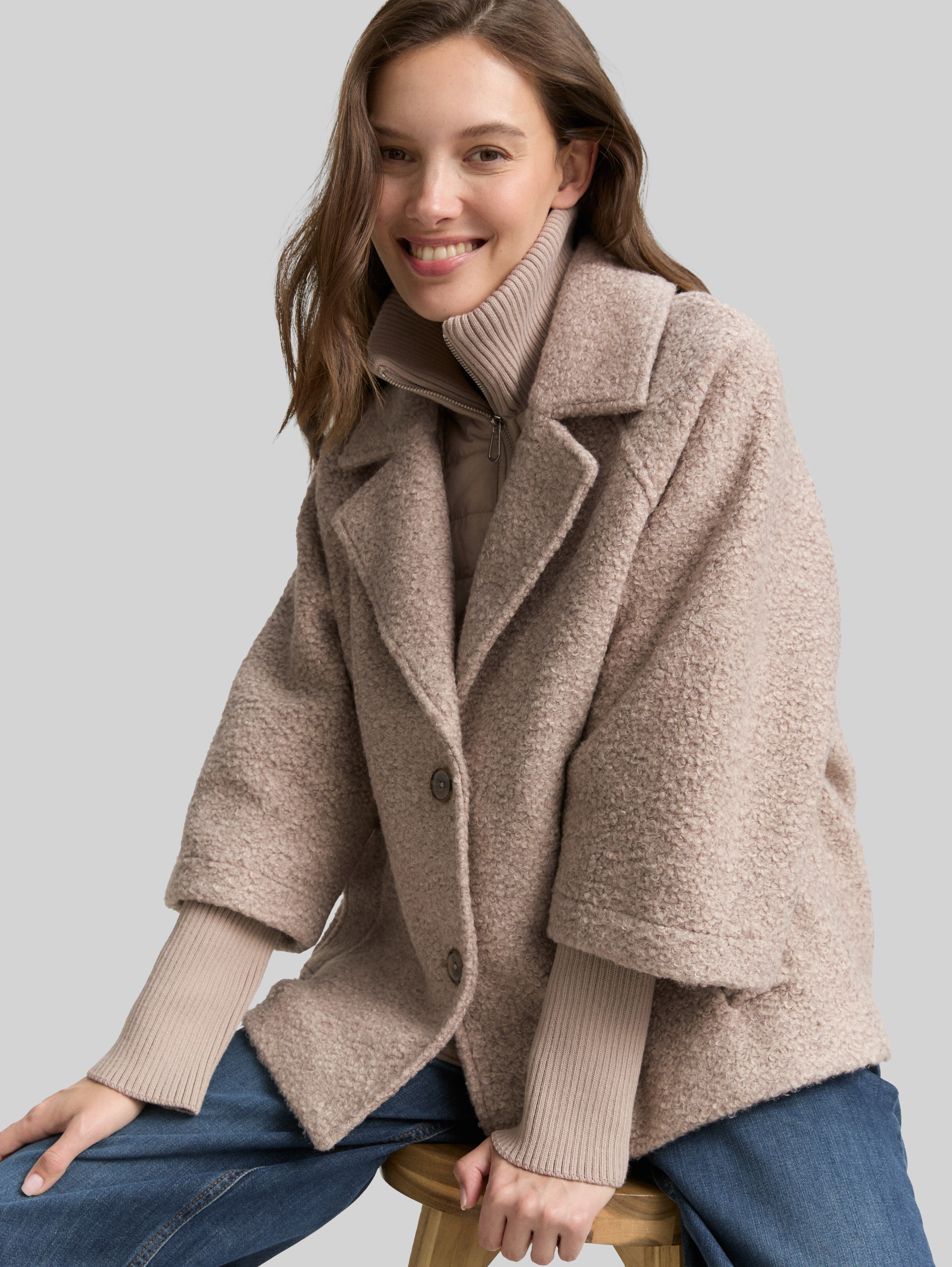 Bouclé cape jacket in a 2-in-1 look in beige by Tom Tailor
