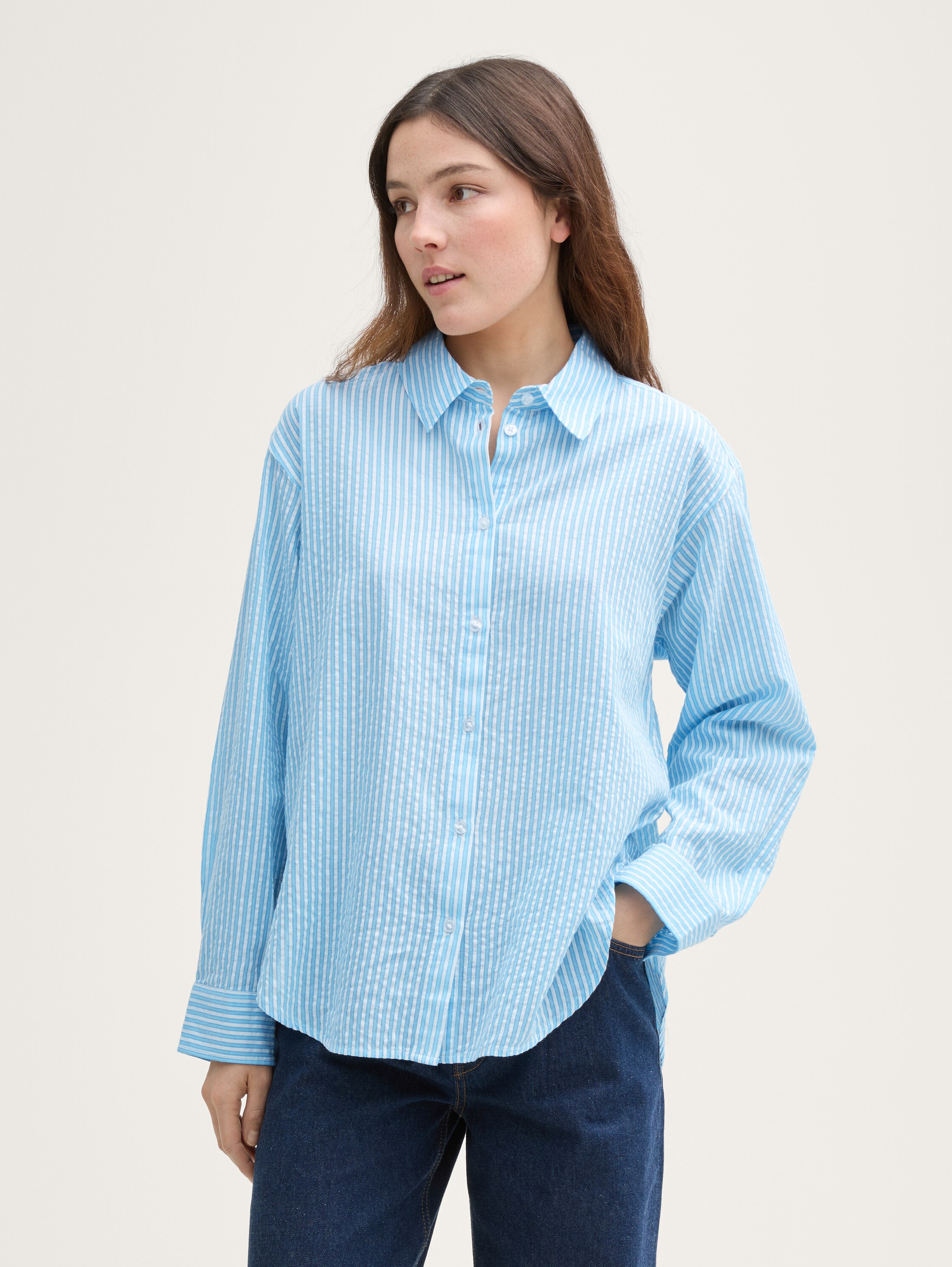 Loose Fit Seersucker Hemdbluse mit Streifenmuster - vertical_blue_white_stripe_1 - 