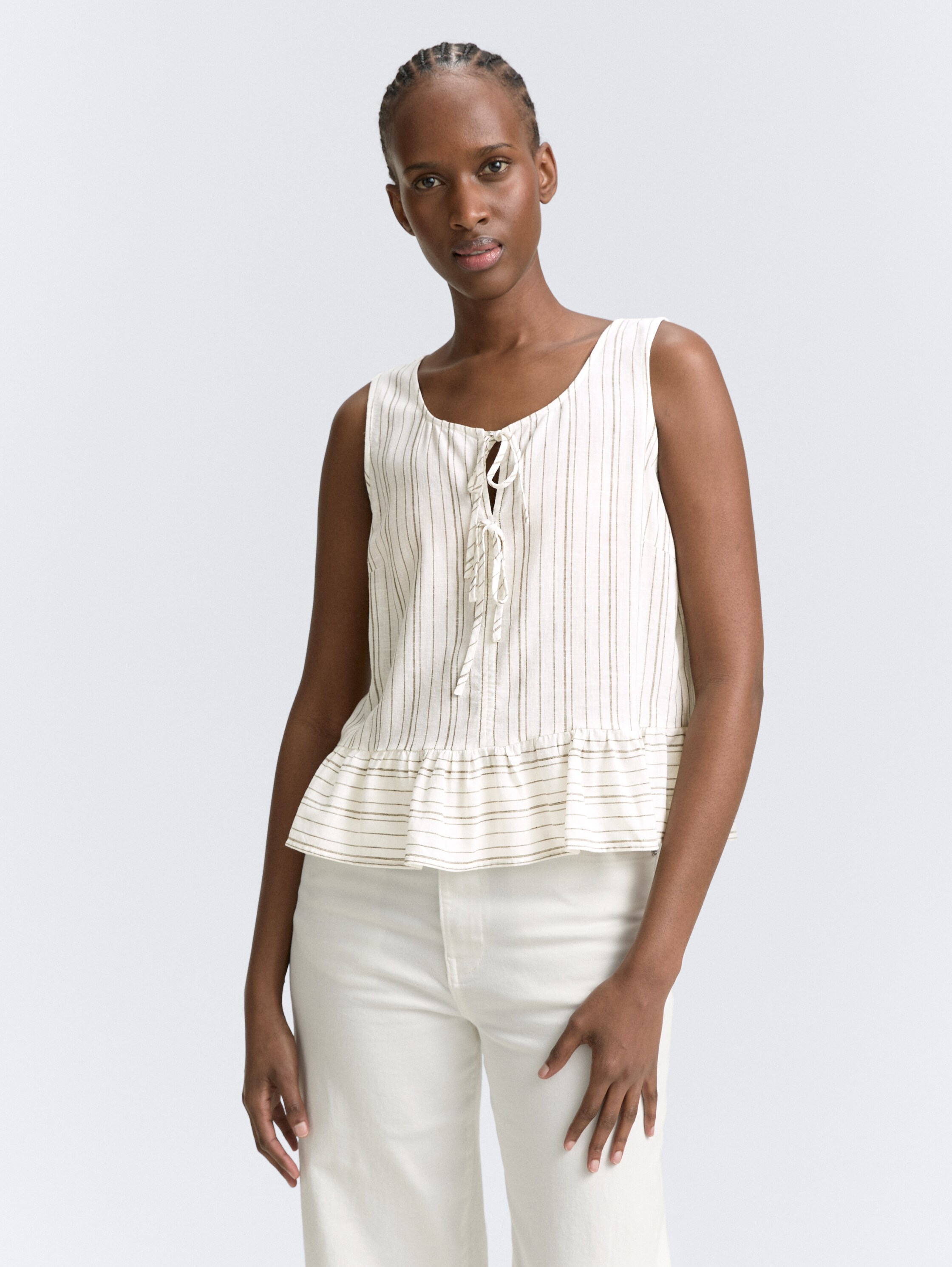 Blusentop mit Leinenanteil - white_olive_vertical_stripe - 