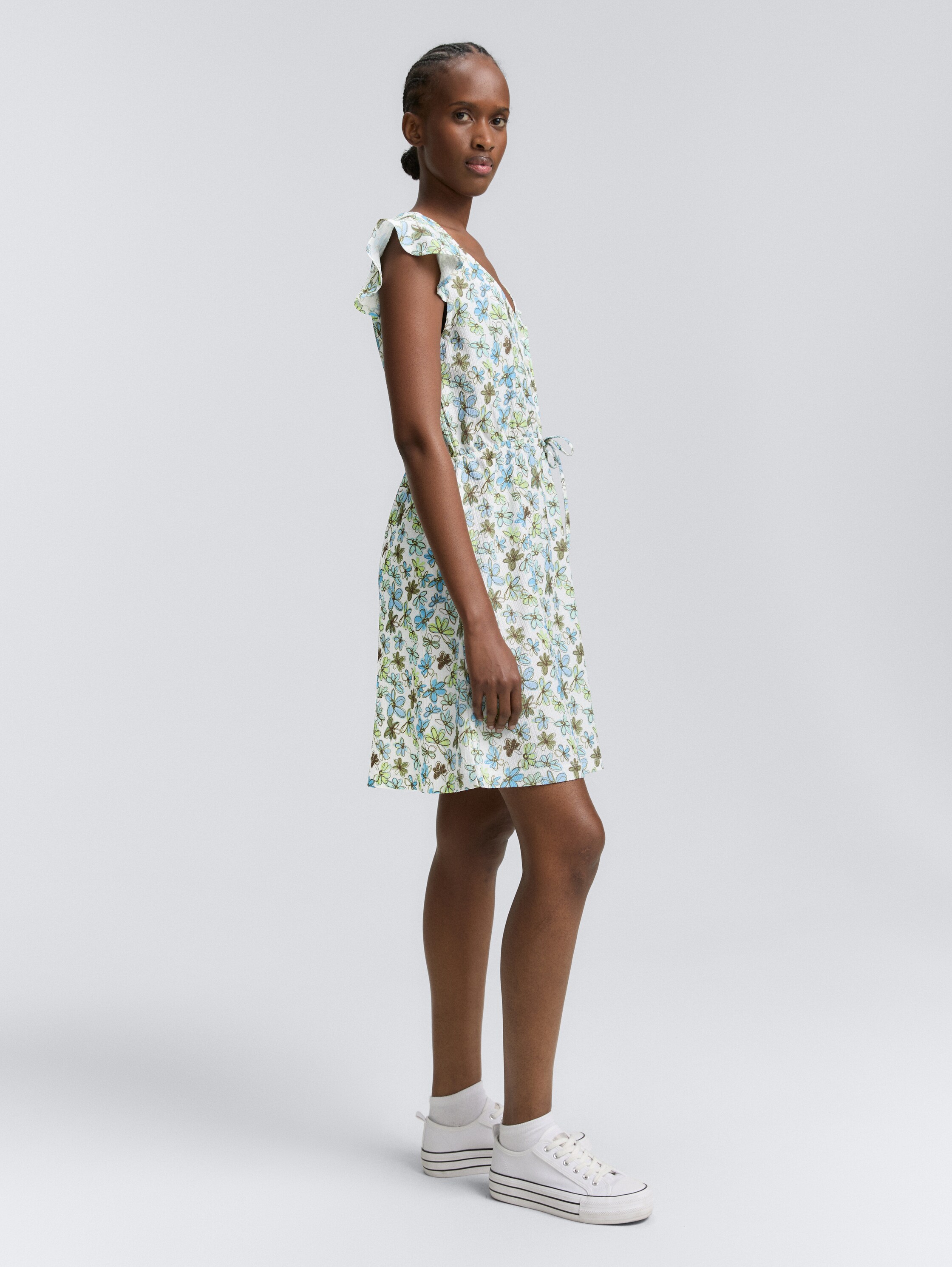 Mini-Kleid mit Muster - white_green_blue_flower_print - 