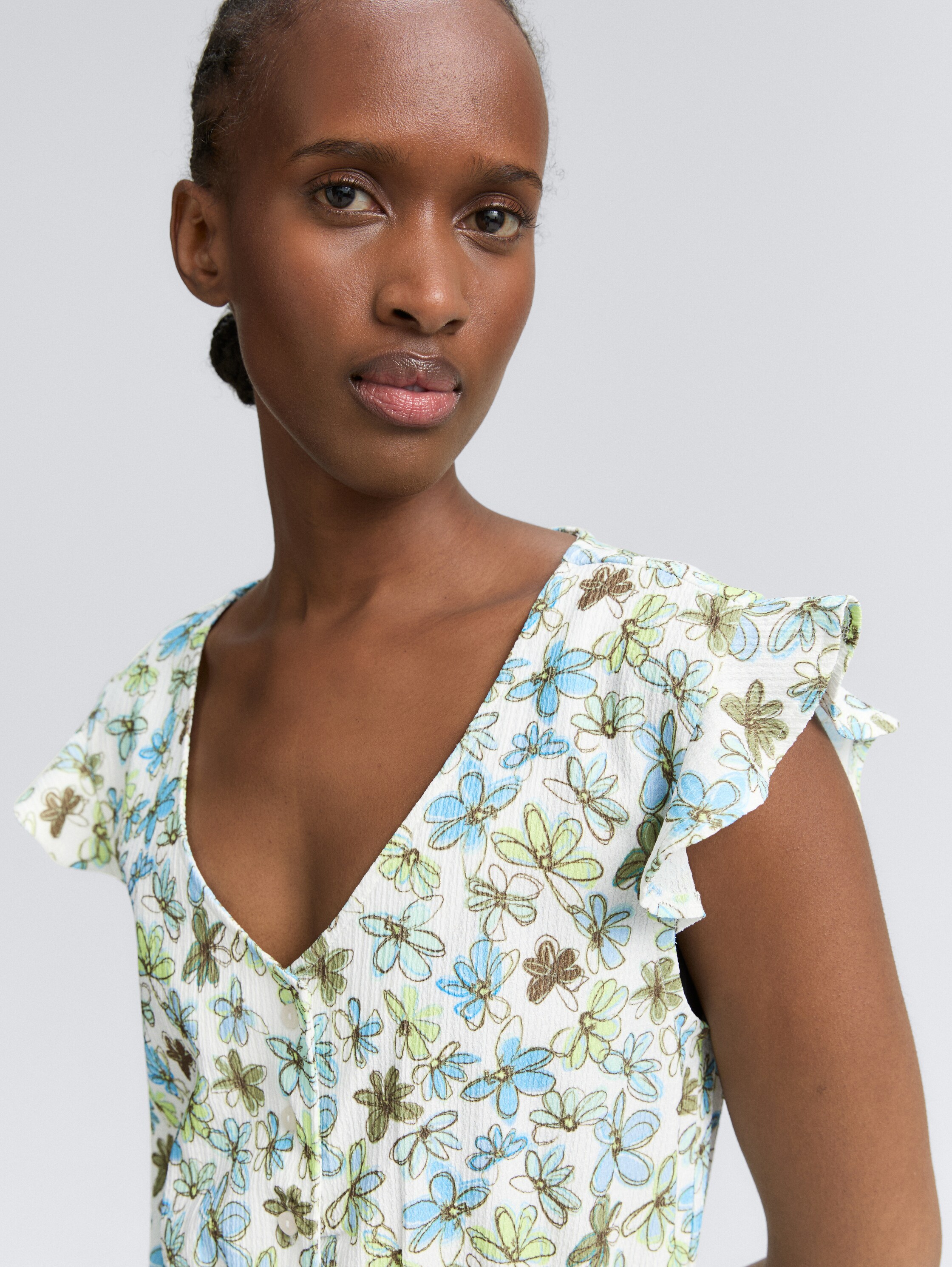 Mini-Kleid mit Muster - white_green_blue_flower_print - 