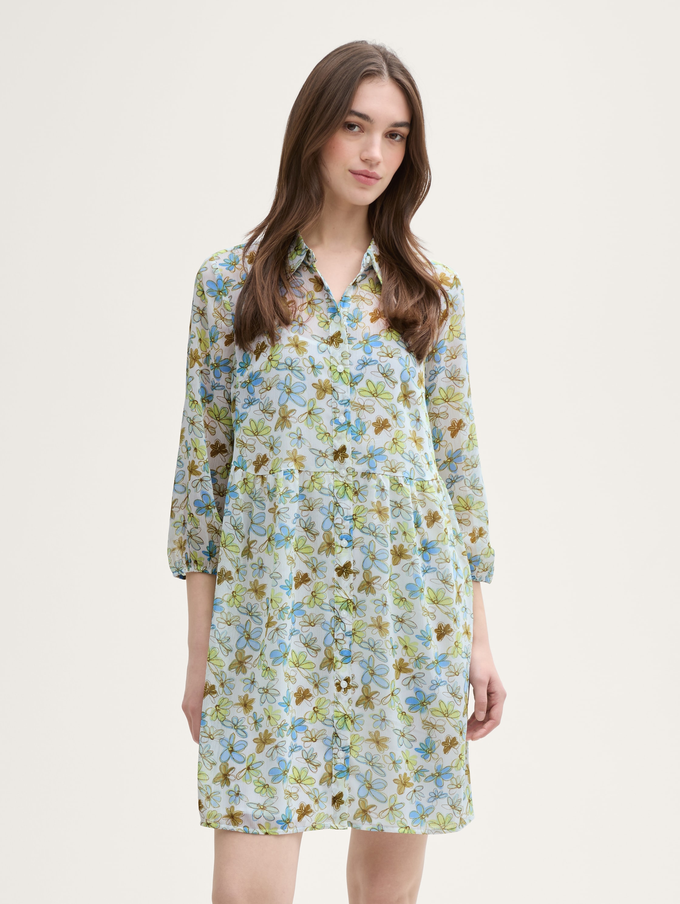 Chiffon Babydoll-Kleid - white_green_blue_flower_print - 