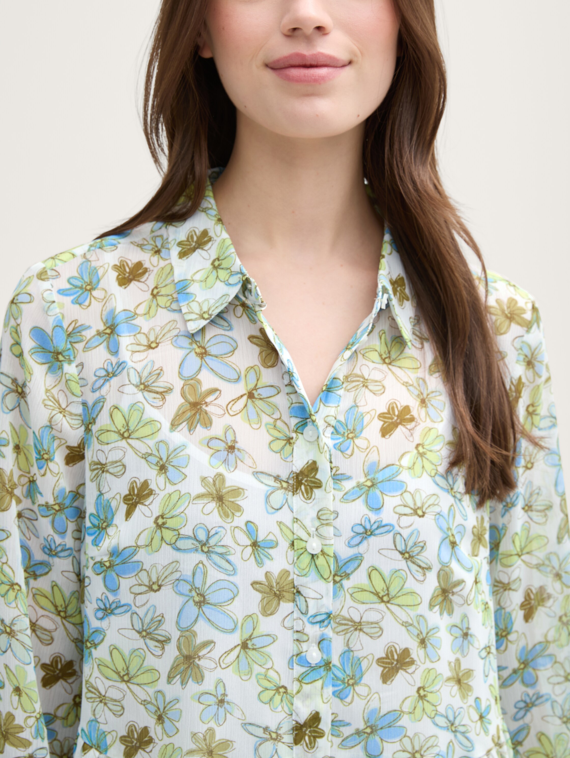 Chiffon Babydoll-Kleid - white_green_blue_flower_print - 