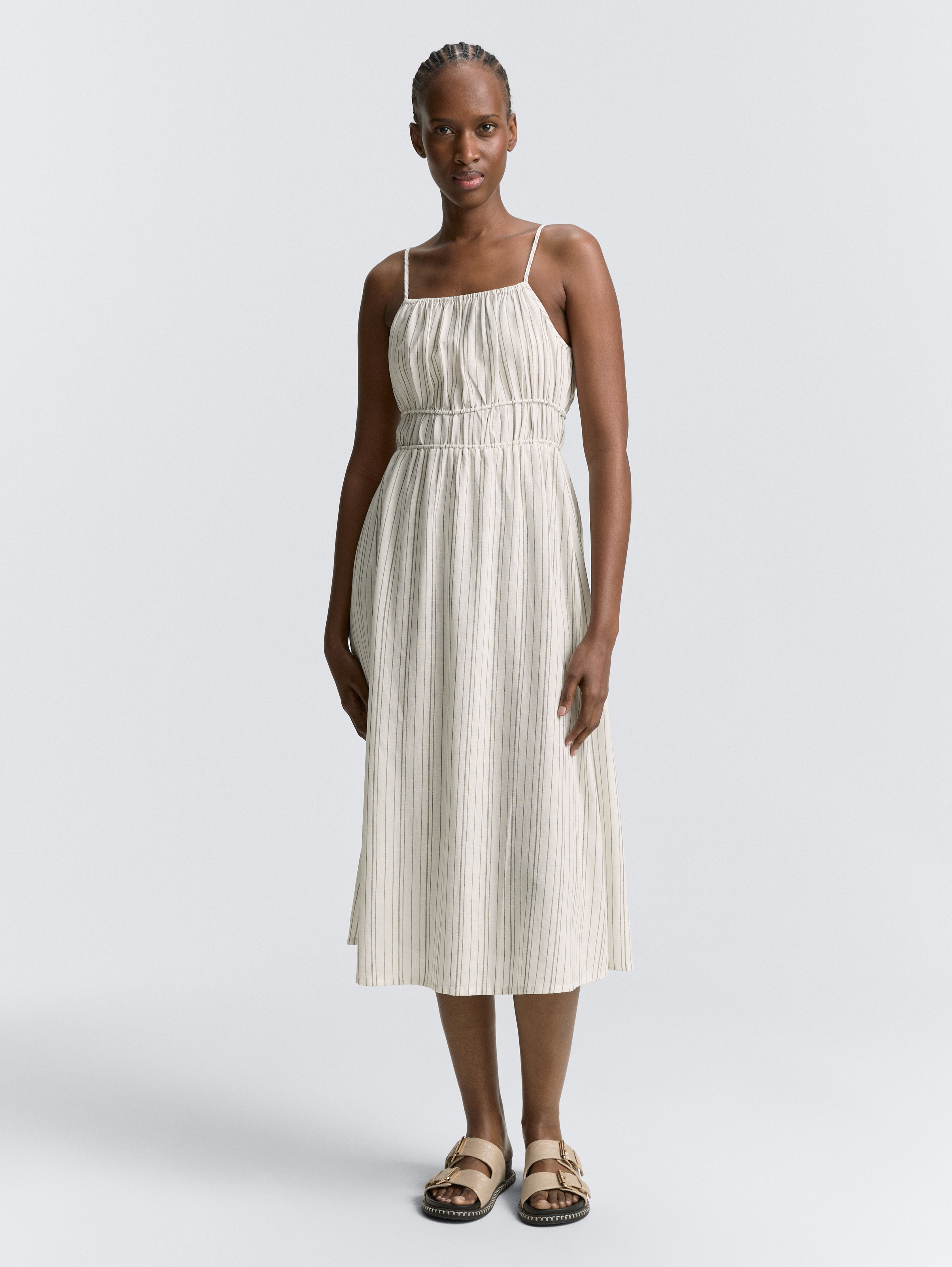 Midi-Trägerkleid mit Leinenanteil von Denim Female, white olive vertical stripe