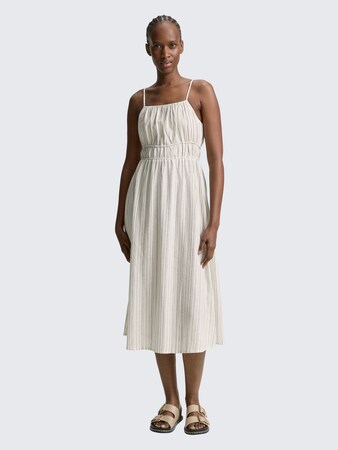 Midi-Trägerkleid mit Leinenanteil von Denim Female, white olive vertical stripe