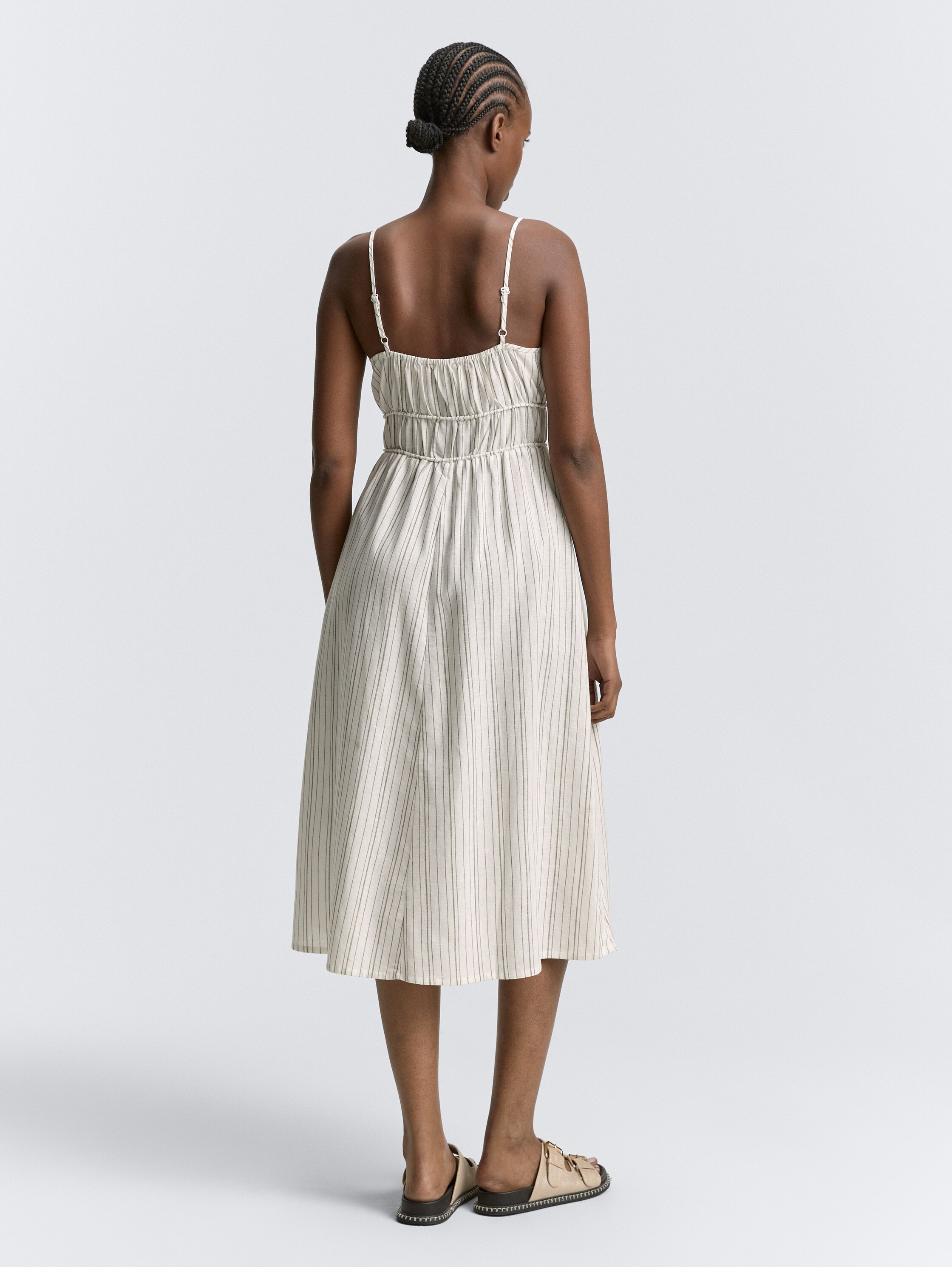 Midi-Trägerkleid mit Leinenanteil - white_olive_vertical_stripe - 