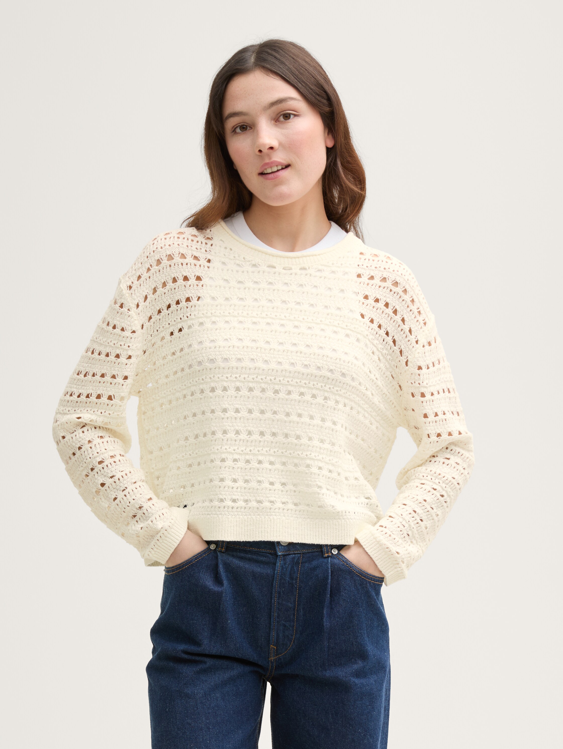 Relaxed Fit Strickpullover mit Lochmuster - off_white_1 - 