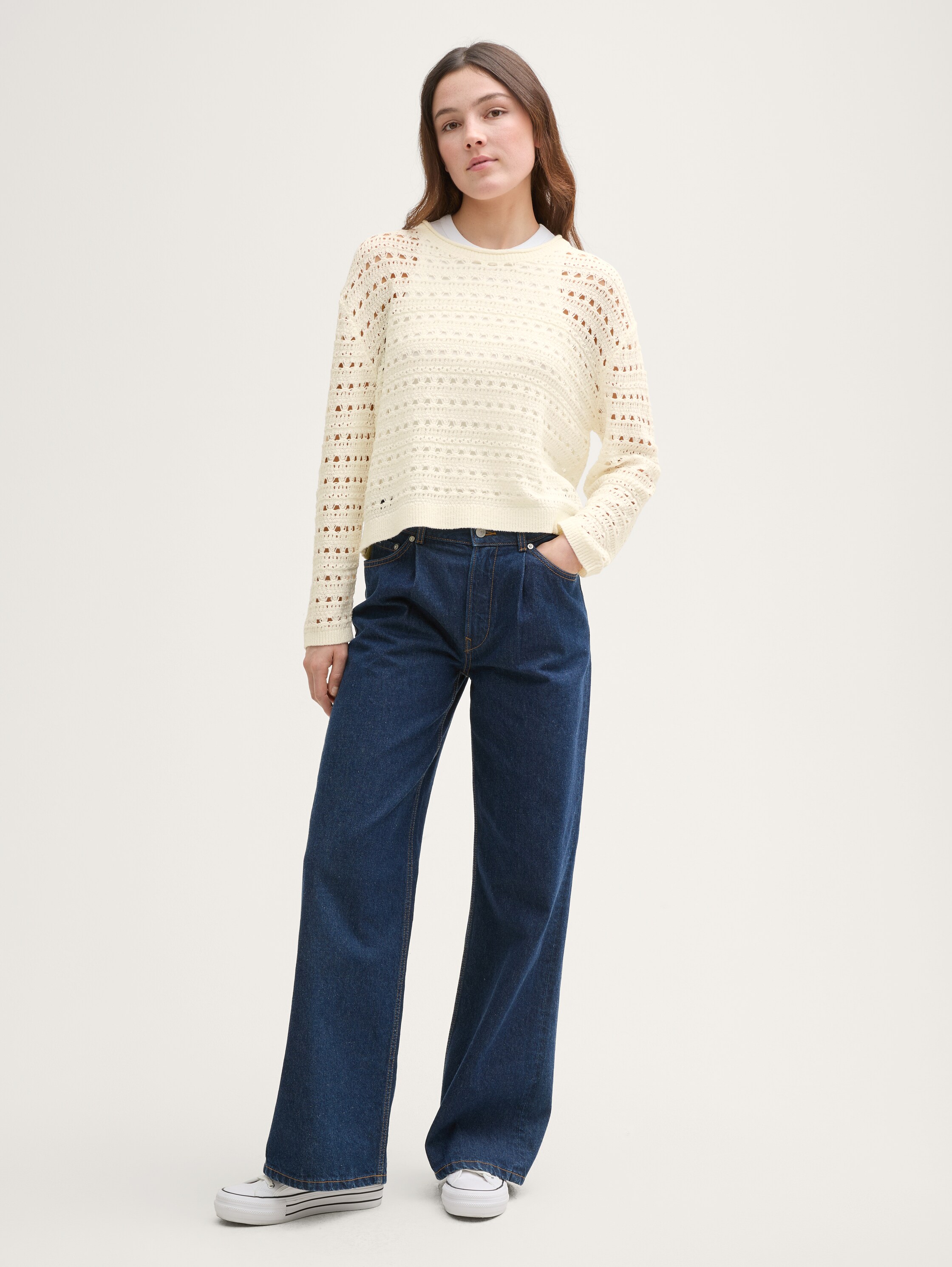 Relaxed Fit Strickpullover mit Lochmuster - off_white_1 - 