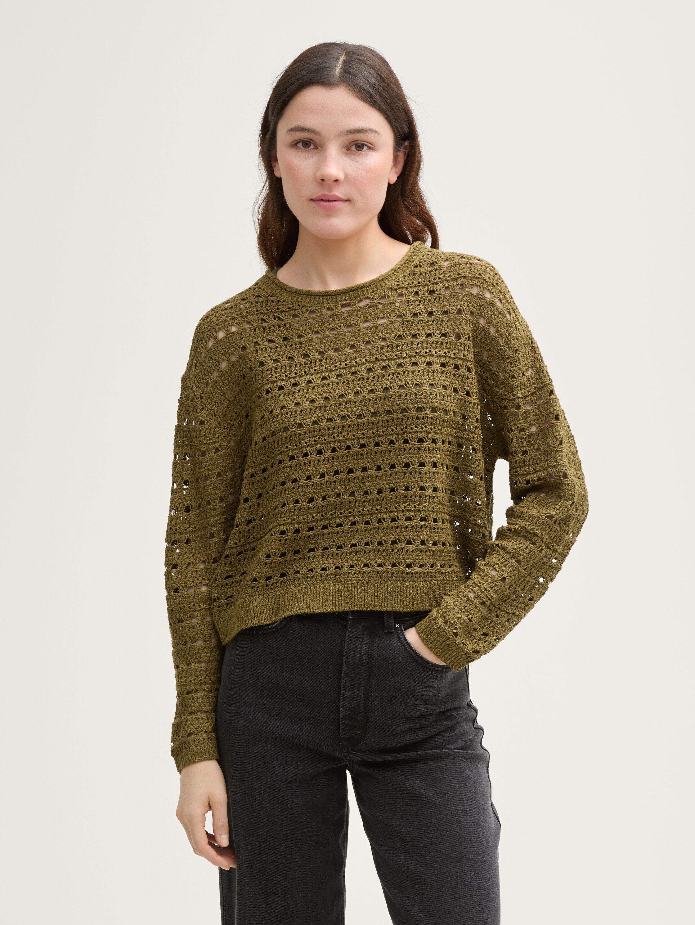 Relaxed Fit Strickpullover mit Lochmuster - warm_moss_green - 