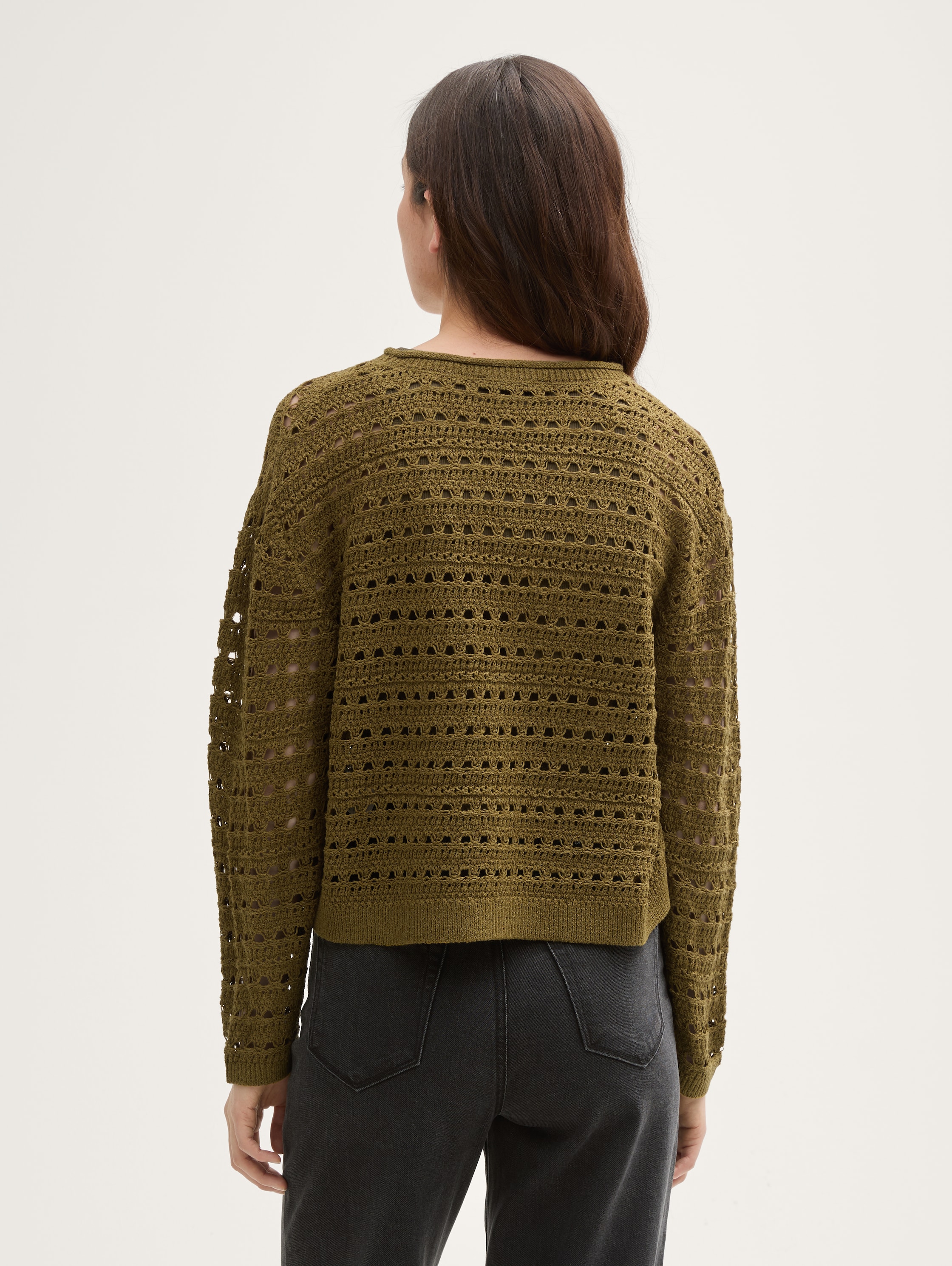 Relaxed Fit Strickpullover mit Lochmuster - warm_moss_green - 