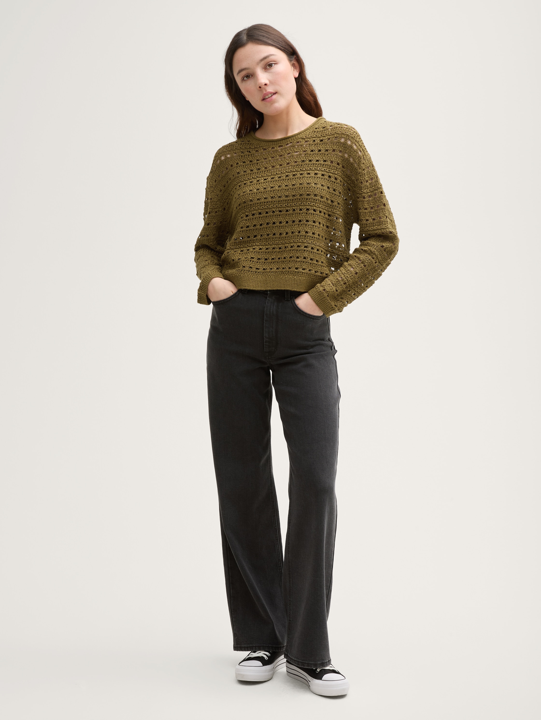 Relaxed Fit Strickpullover mit Lochmuster - warm_moss_green - 