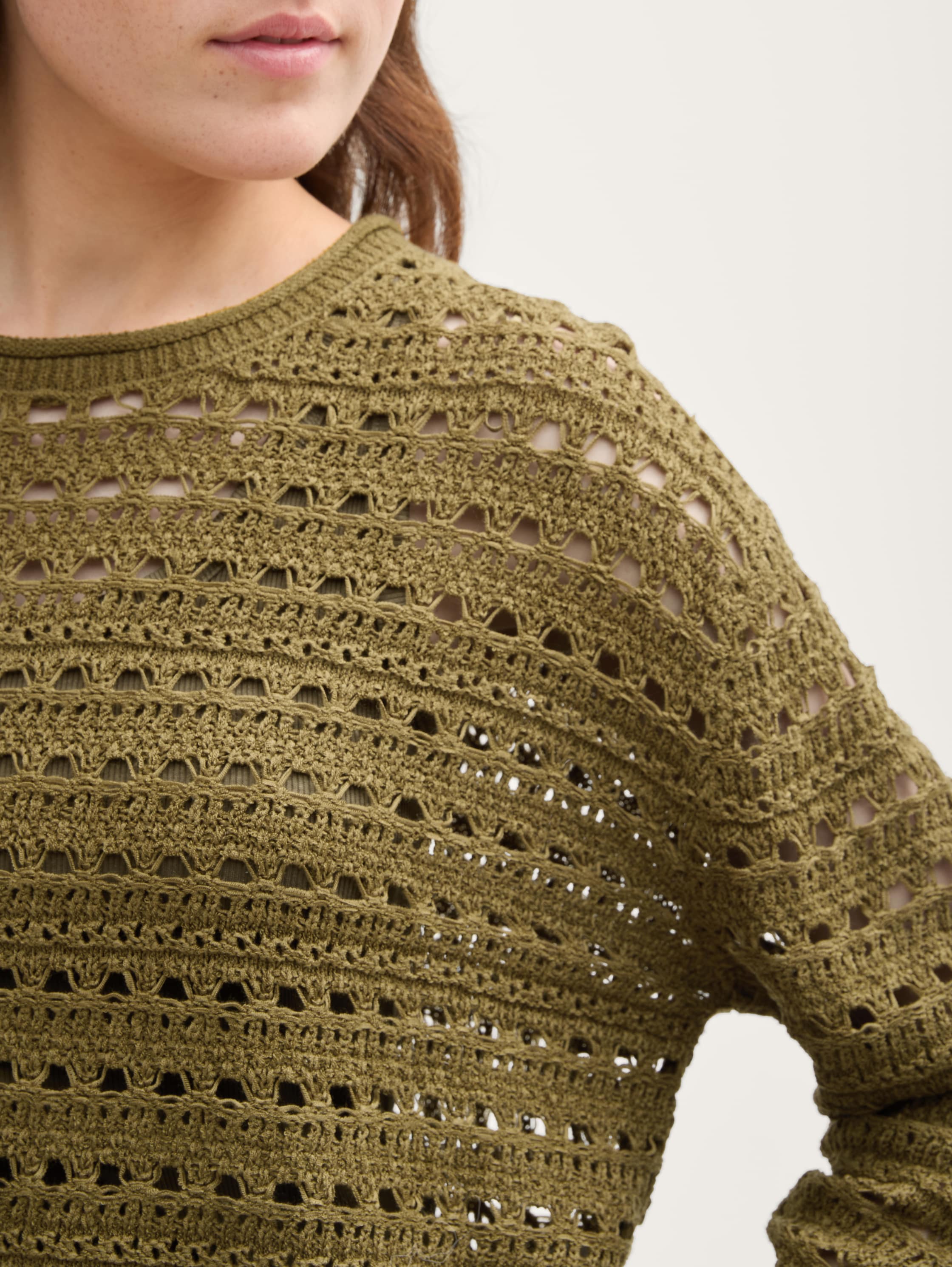 Relaxed Fit Strickpullover mit Lochmuster - warm_moss_green - 