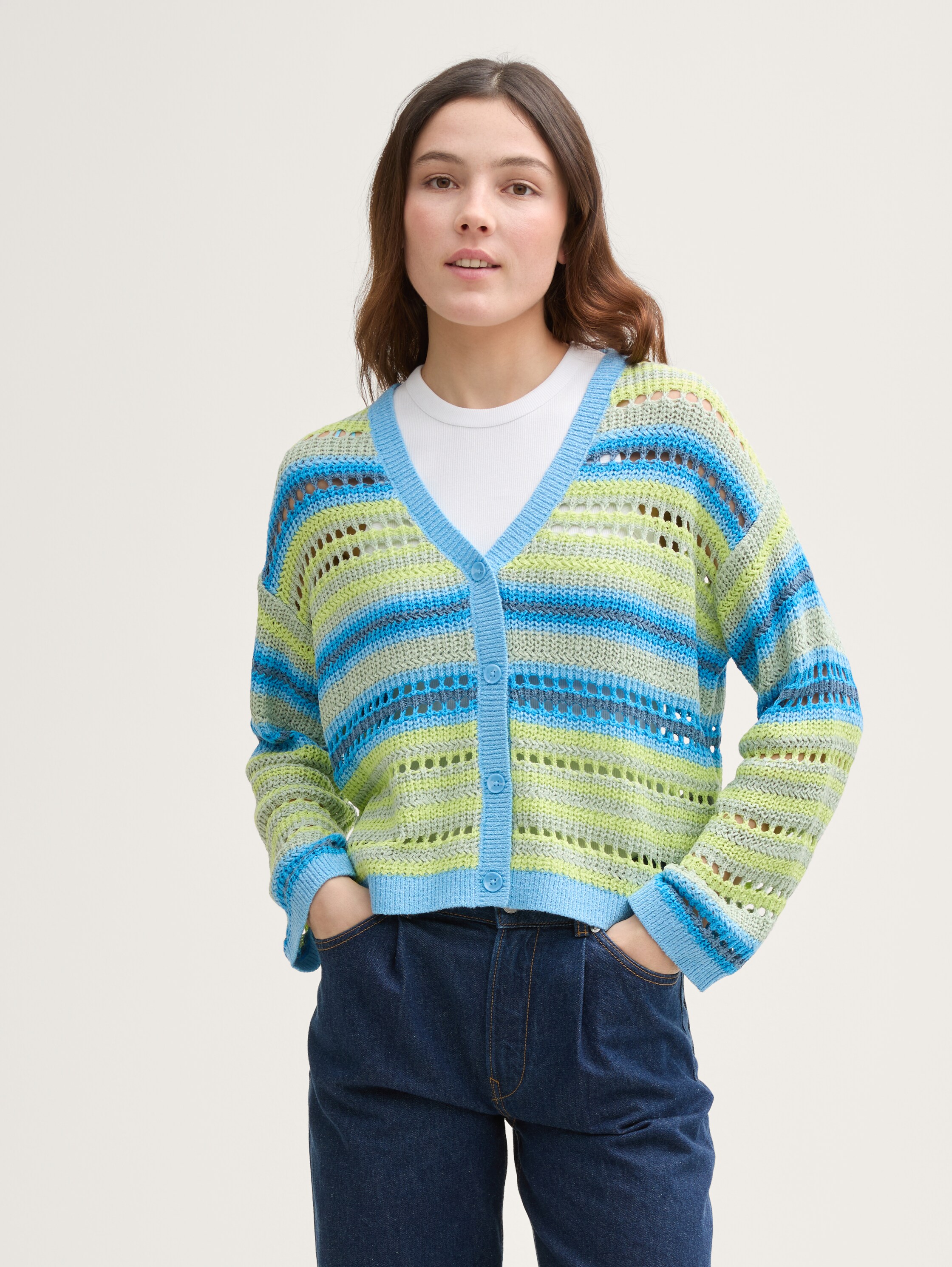 Relaxed Fit Cardigan mit Lochmuster - mint_blue_multicolor_stripe - 
