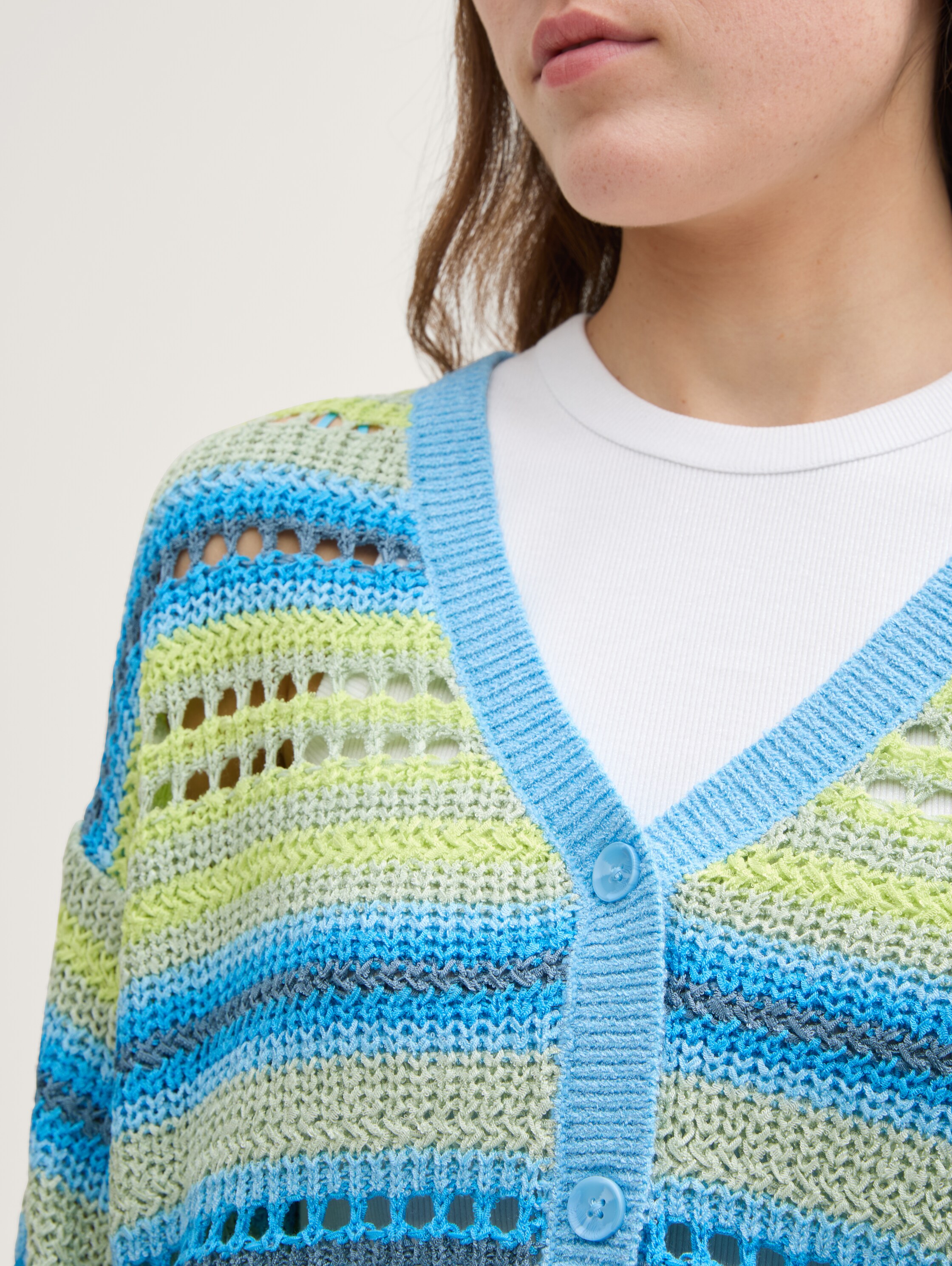 Relaxed Fit Cardigan mit Lochmuster - mint_blue_multicolor_stripe - 