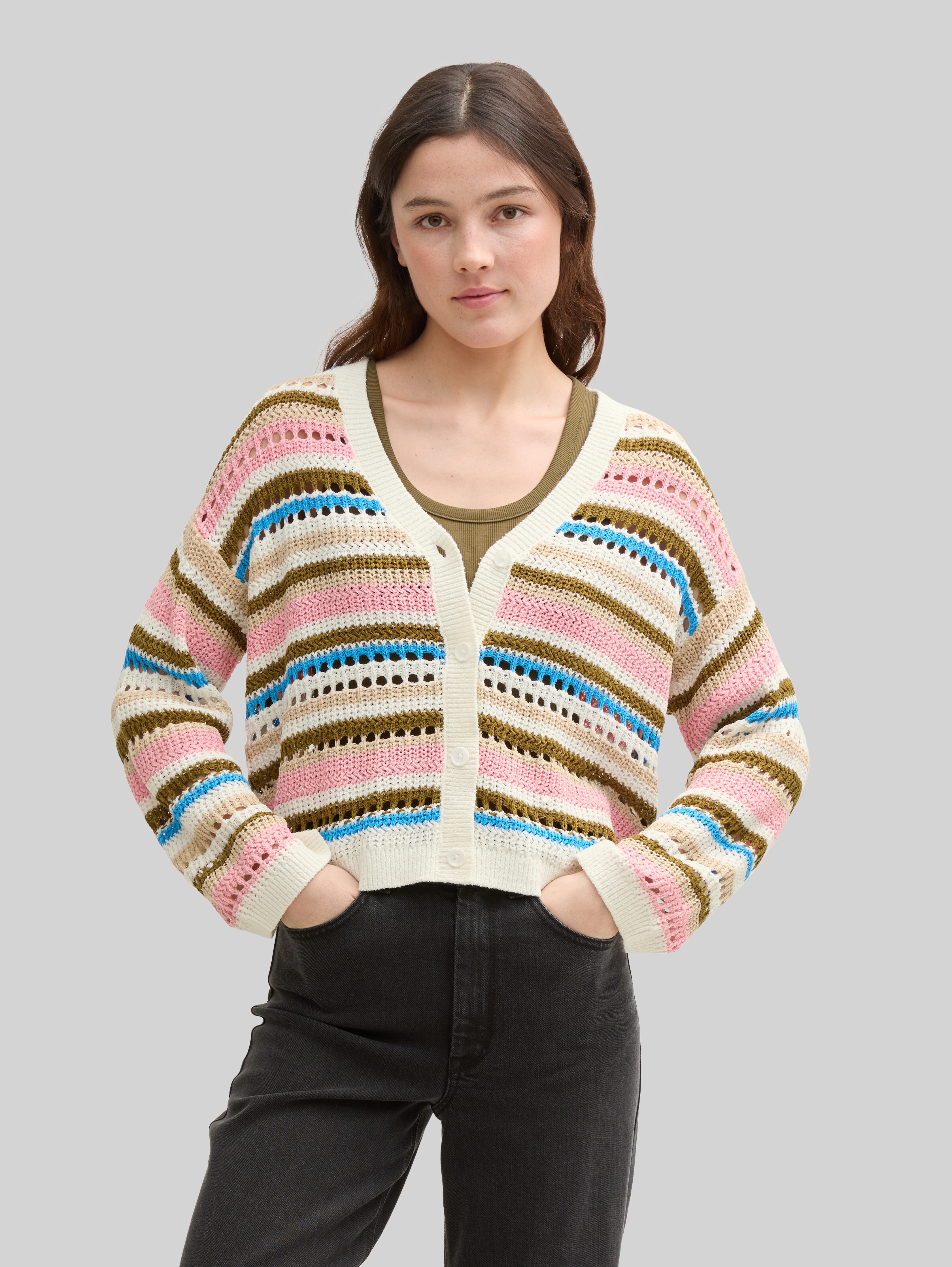 TOM TAILOR Damen Basic Cardigan Für Sommer – Gestreift, 3/4-Arm, Regular Fit, Polyester-Baumwolle