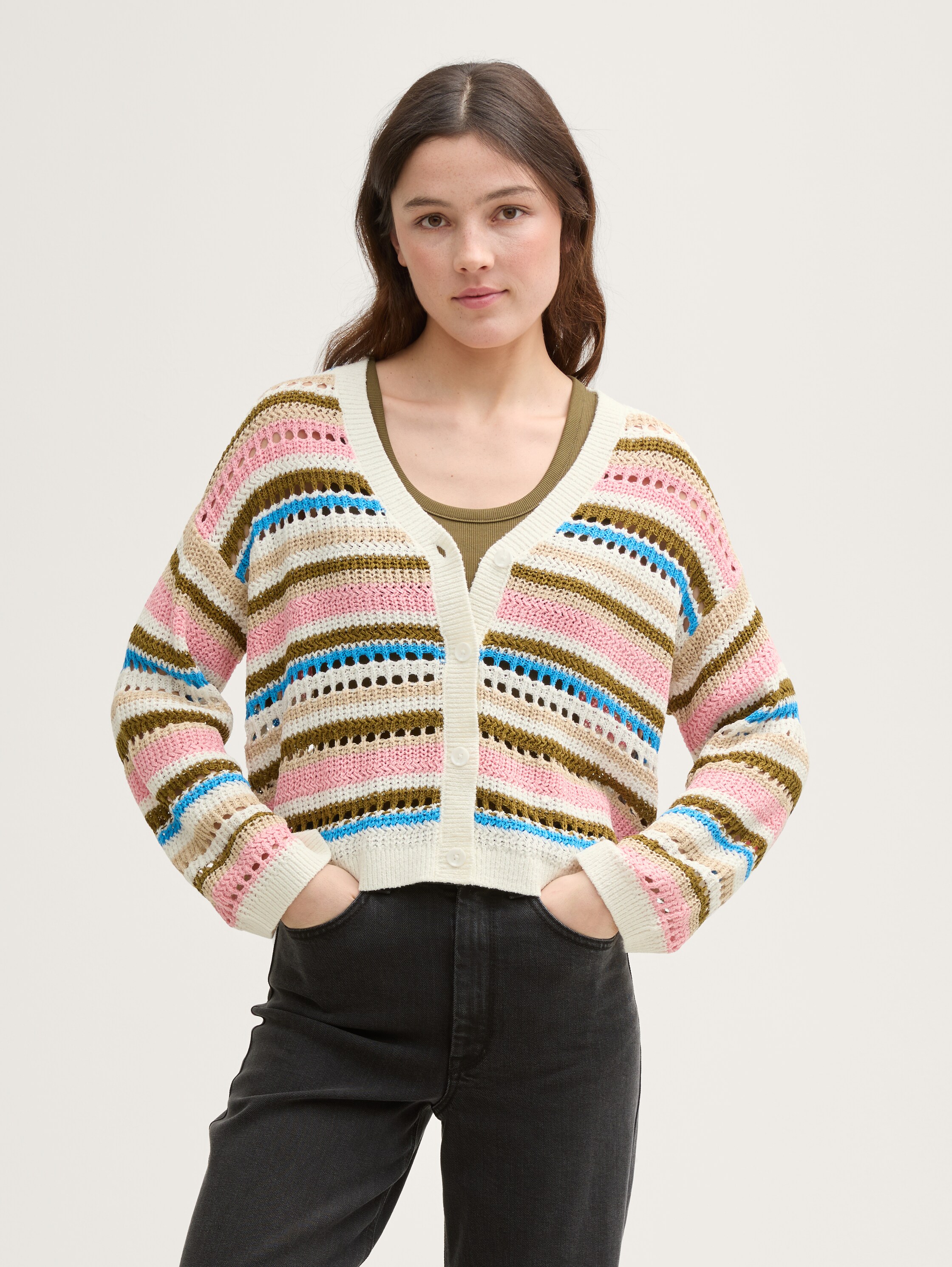 Relaxed Fit Cardigan mit Lochmuster - off_white_olive_pink_stripe - 
