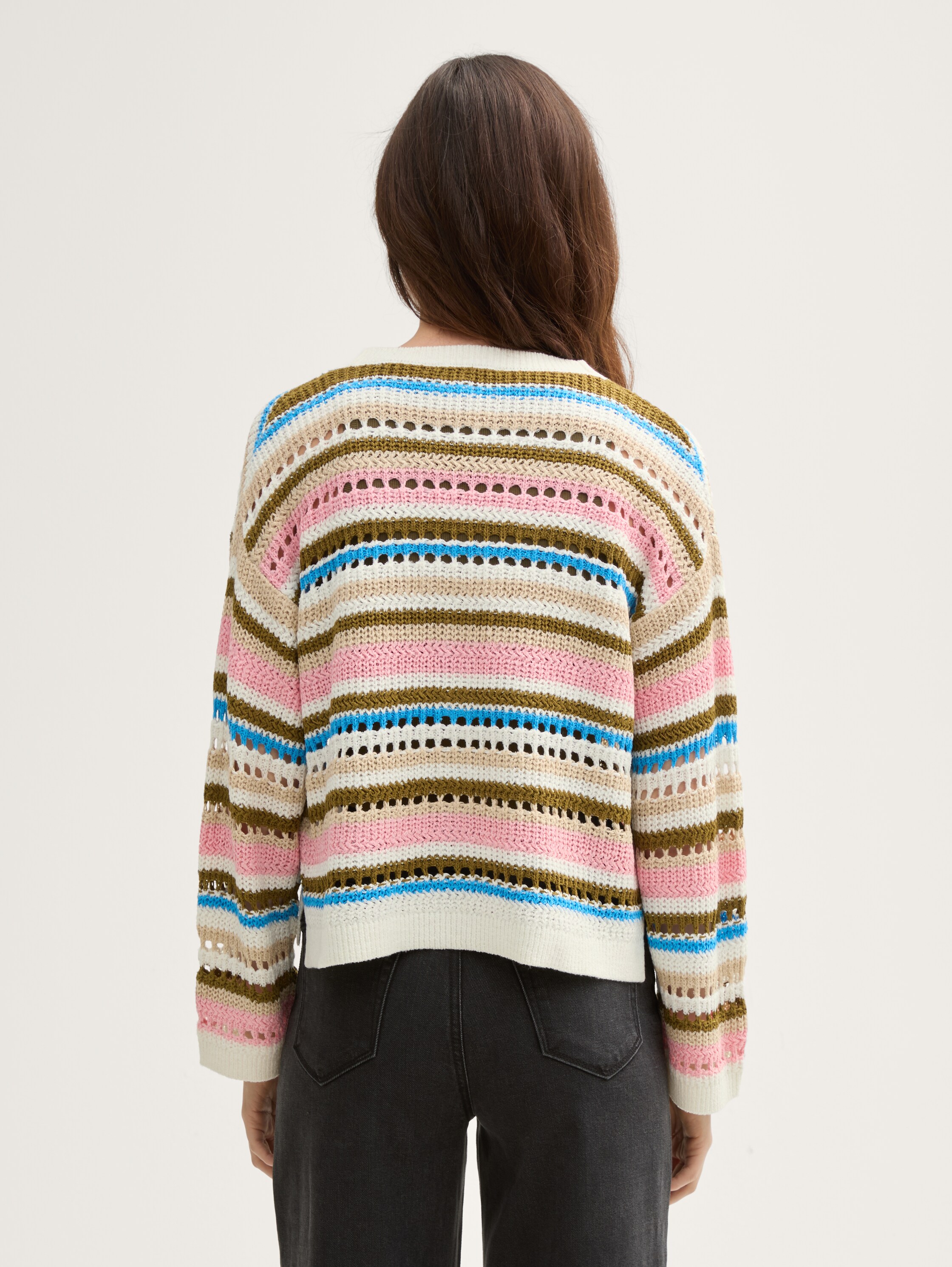 Relaxed Fit Cardigan mit Lochmuster - off_white_olive_pink_stripe - 