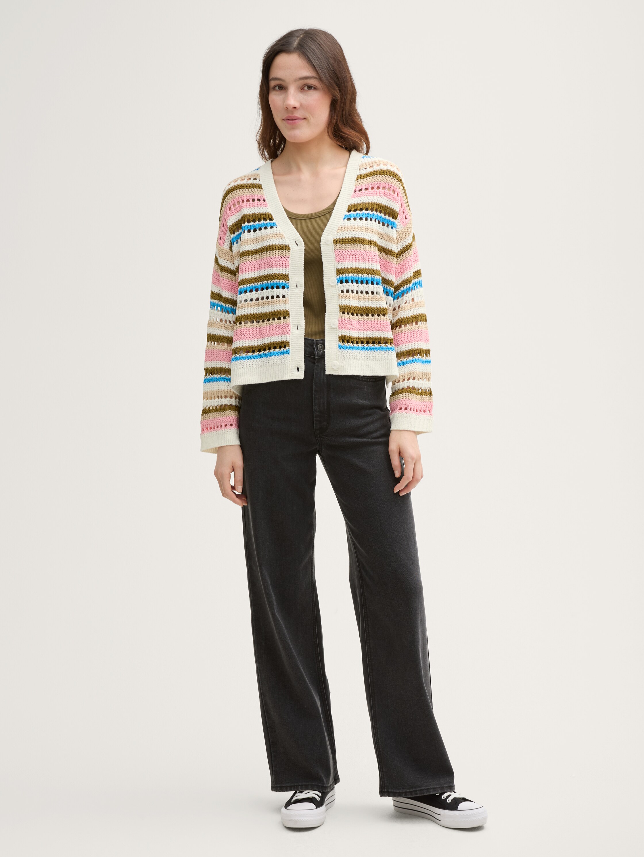 Relaxed Fit Cardigan mit Lochmuster - off_white_olive_pink_stripe - 