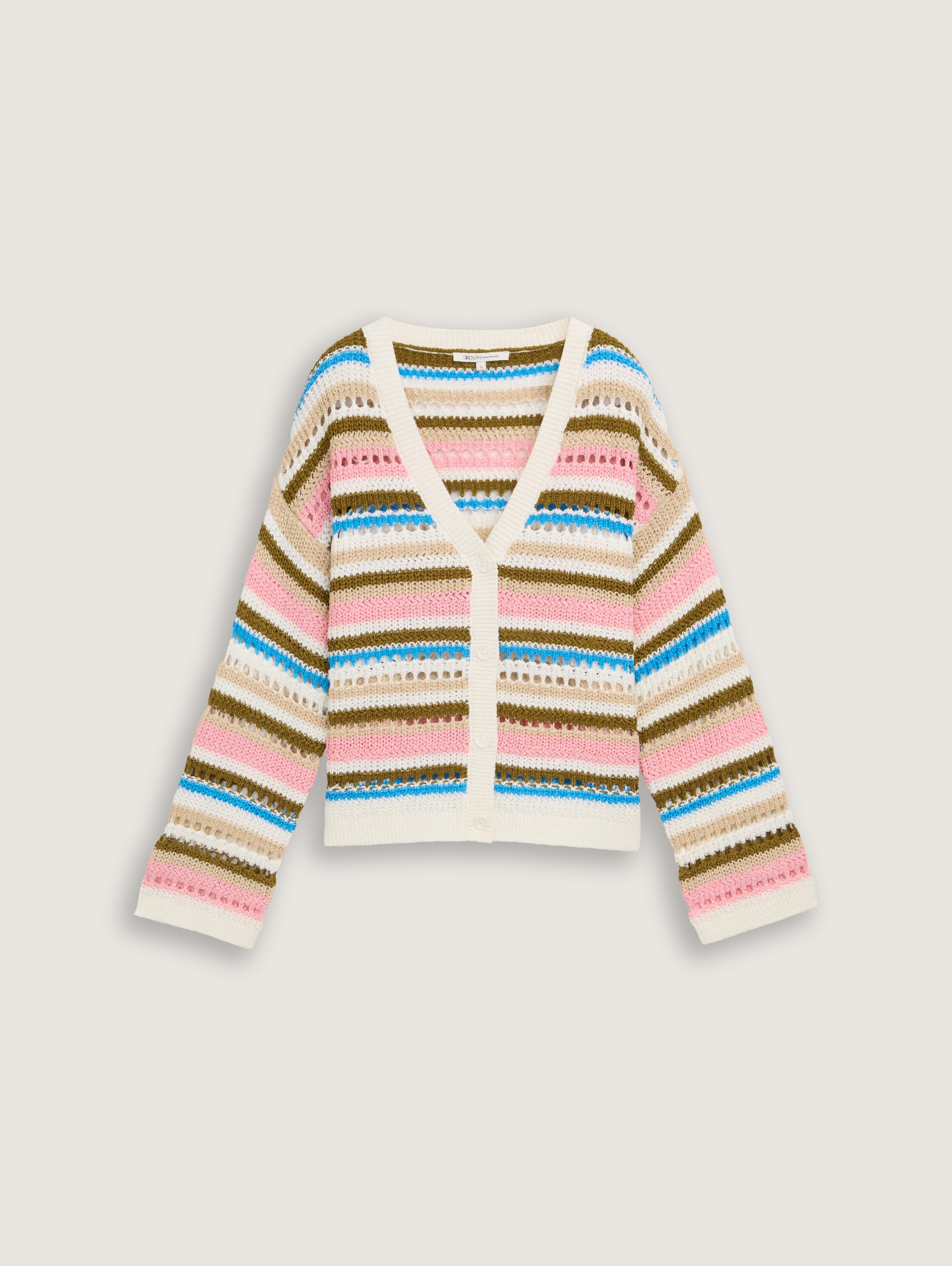 Relaxed Fit Cardigan mit Lochmuster - off_white_olive_pink_stripe - 