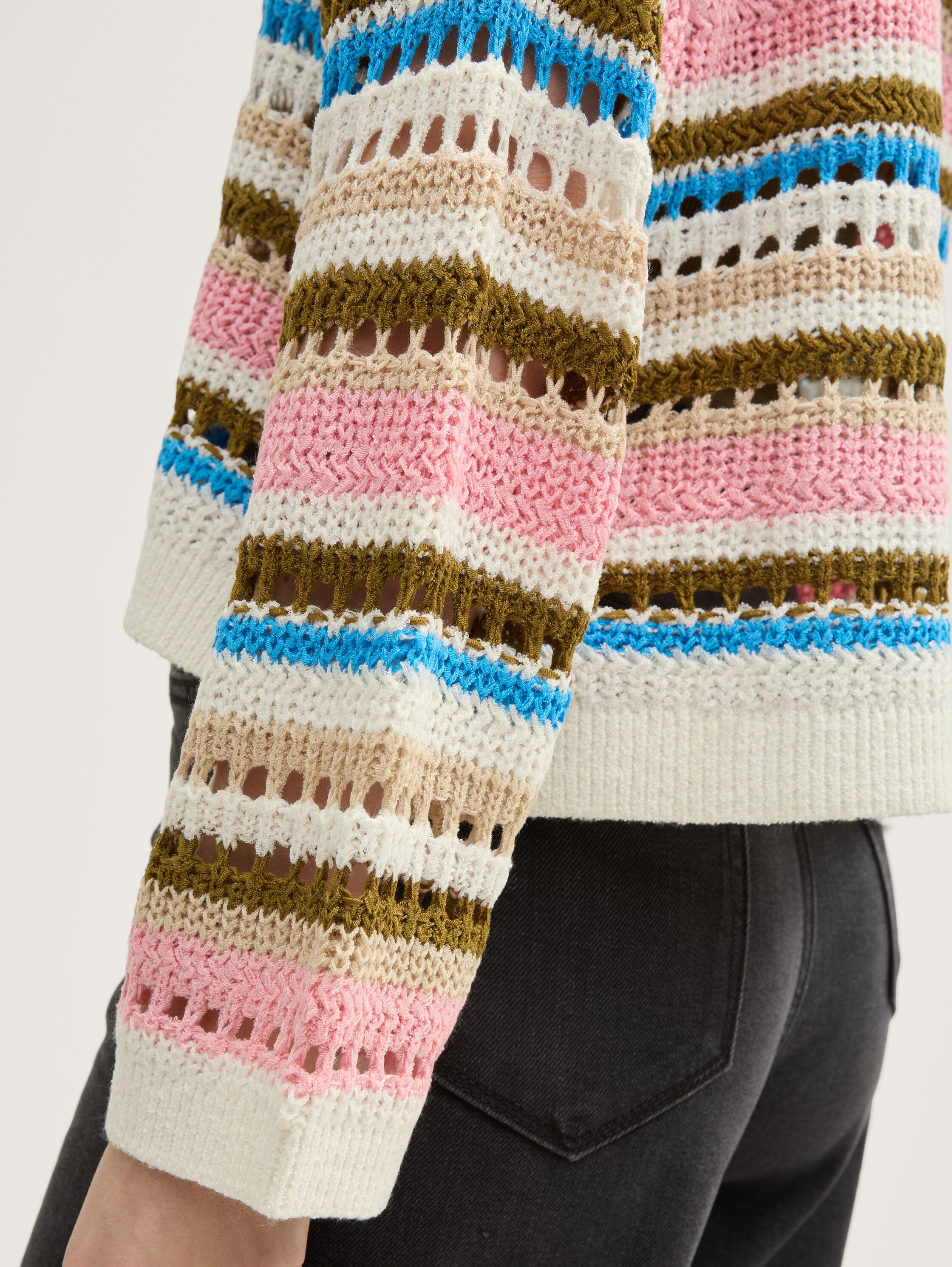 Relaxed Fit Cardigan mit Lochmuster - off_white_olive_pink_stripe - 