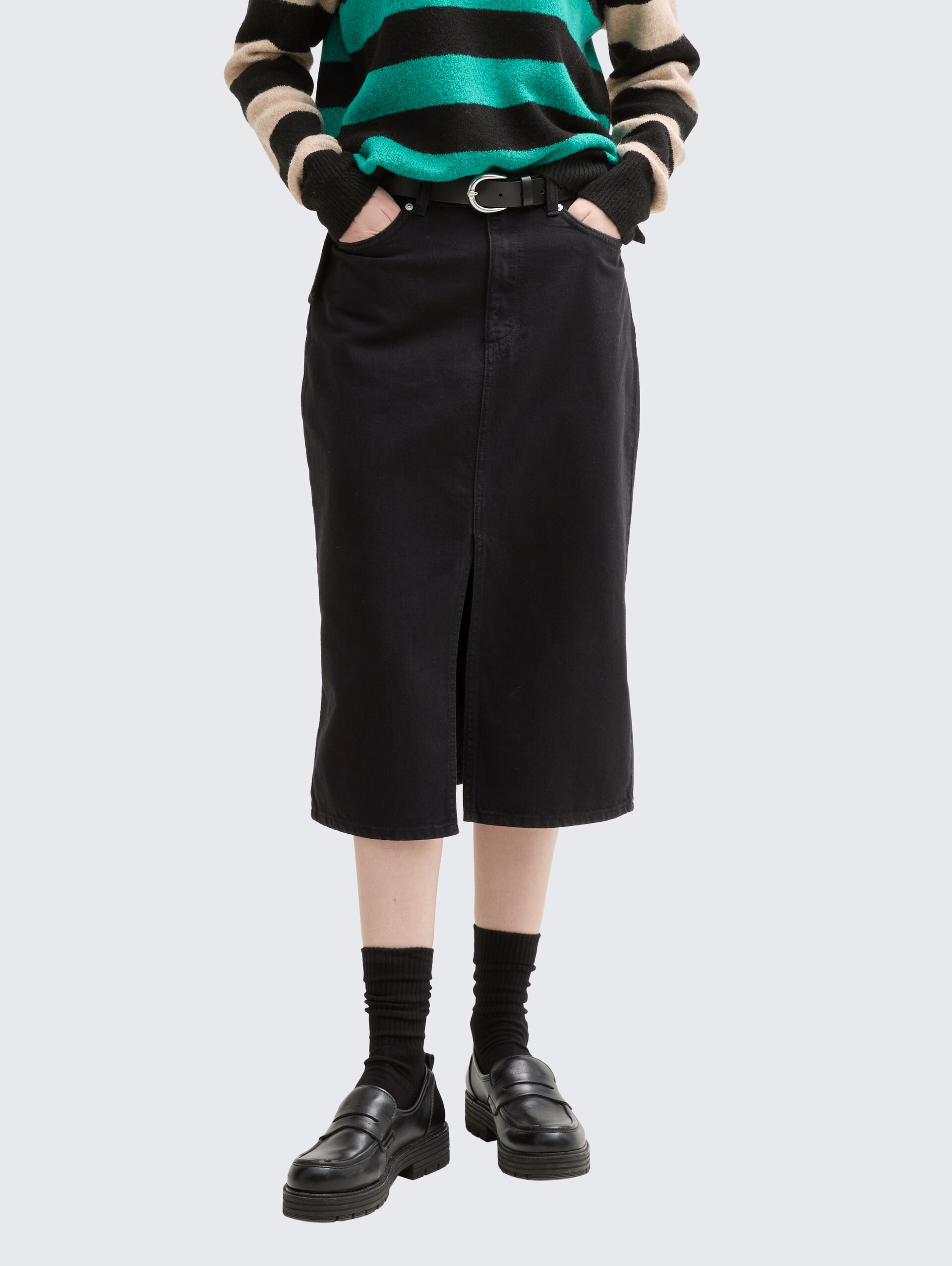 Midi-Jeansrock mit Schlitz - deep black - Ausschnitt Model-Vorderansicht