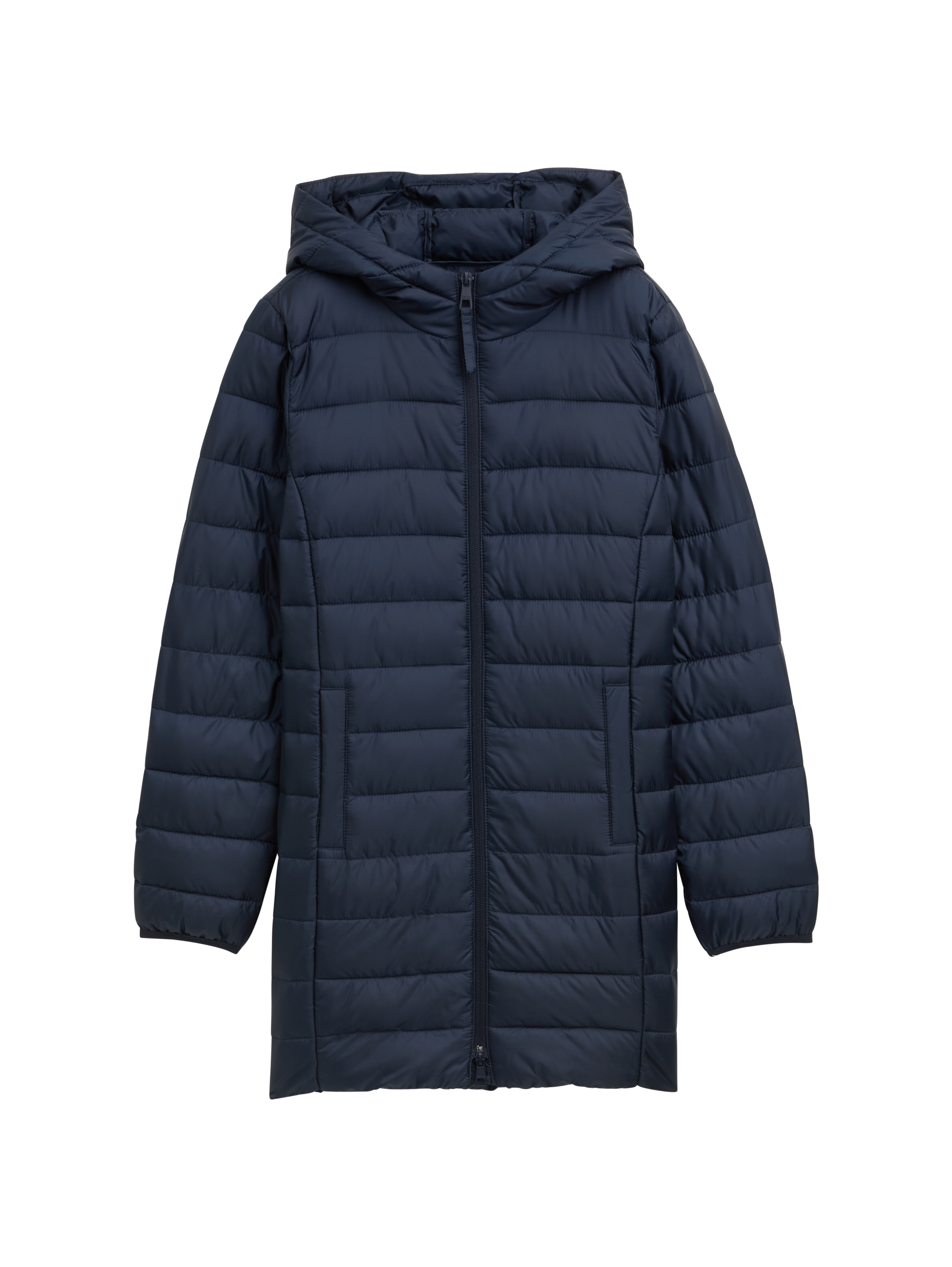 Lightweight quilted coat with hood in blue by Tom Tailor