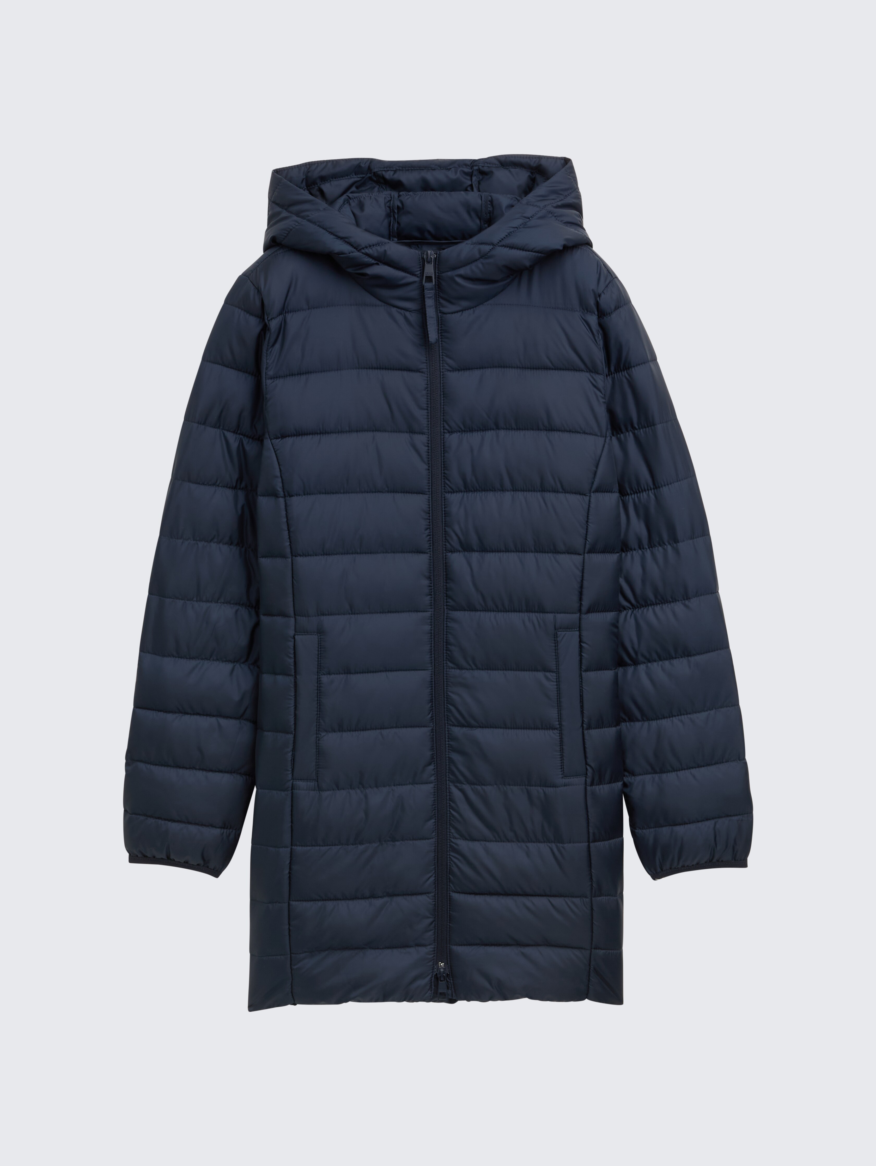 Lightweight quilted coat with hood in blue by Tom Tailor