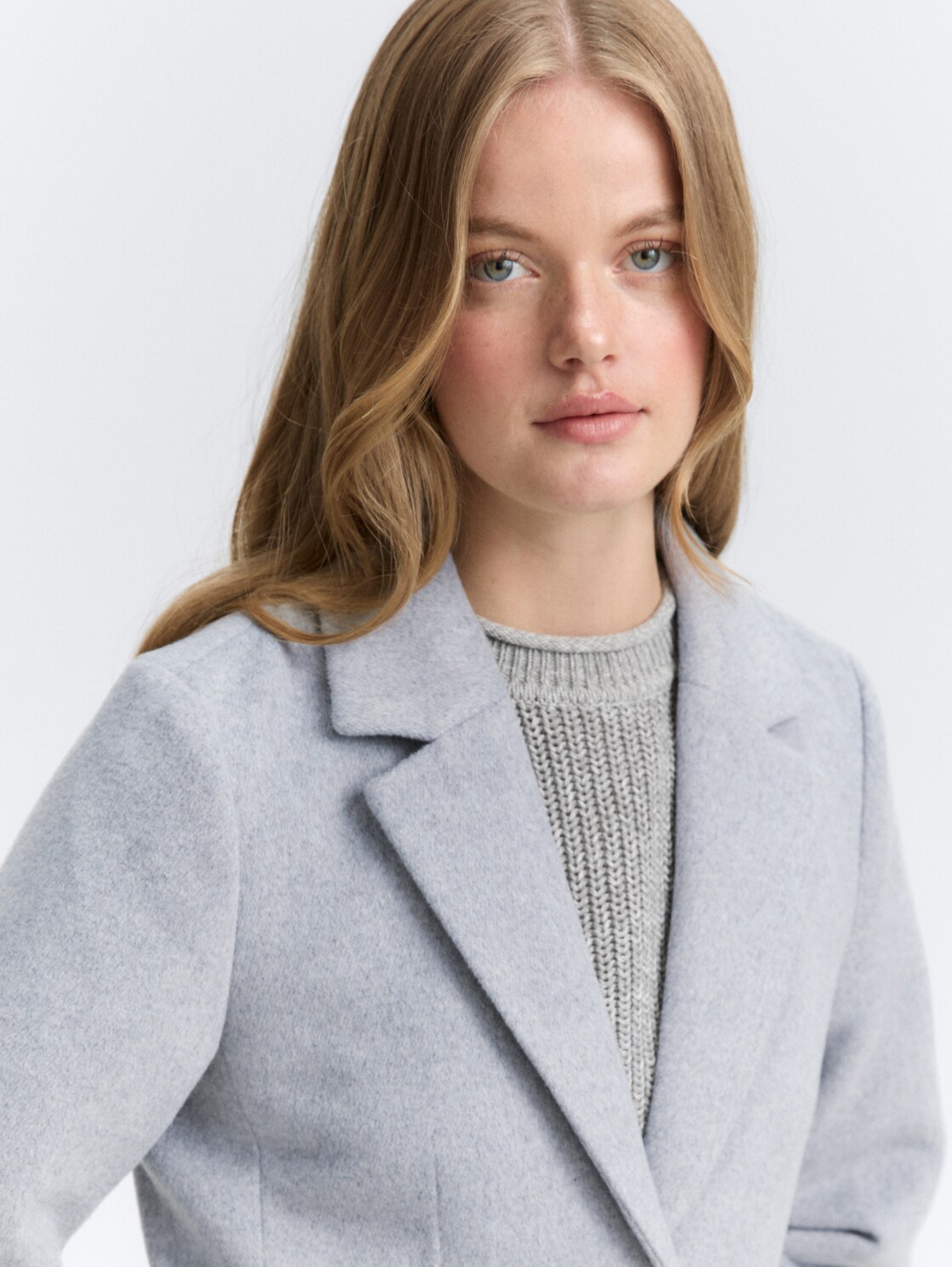 Slim Fit Wollmantel - Cement Grey Mélange - Detail-Model-Ansicht