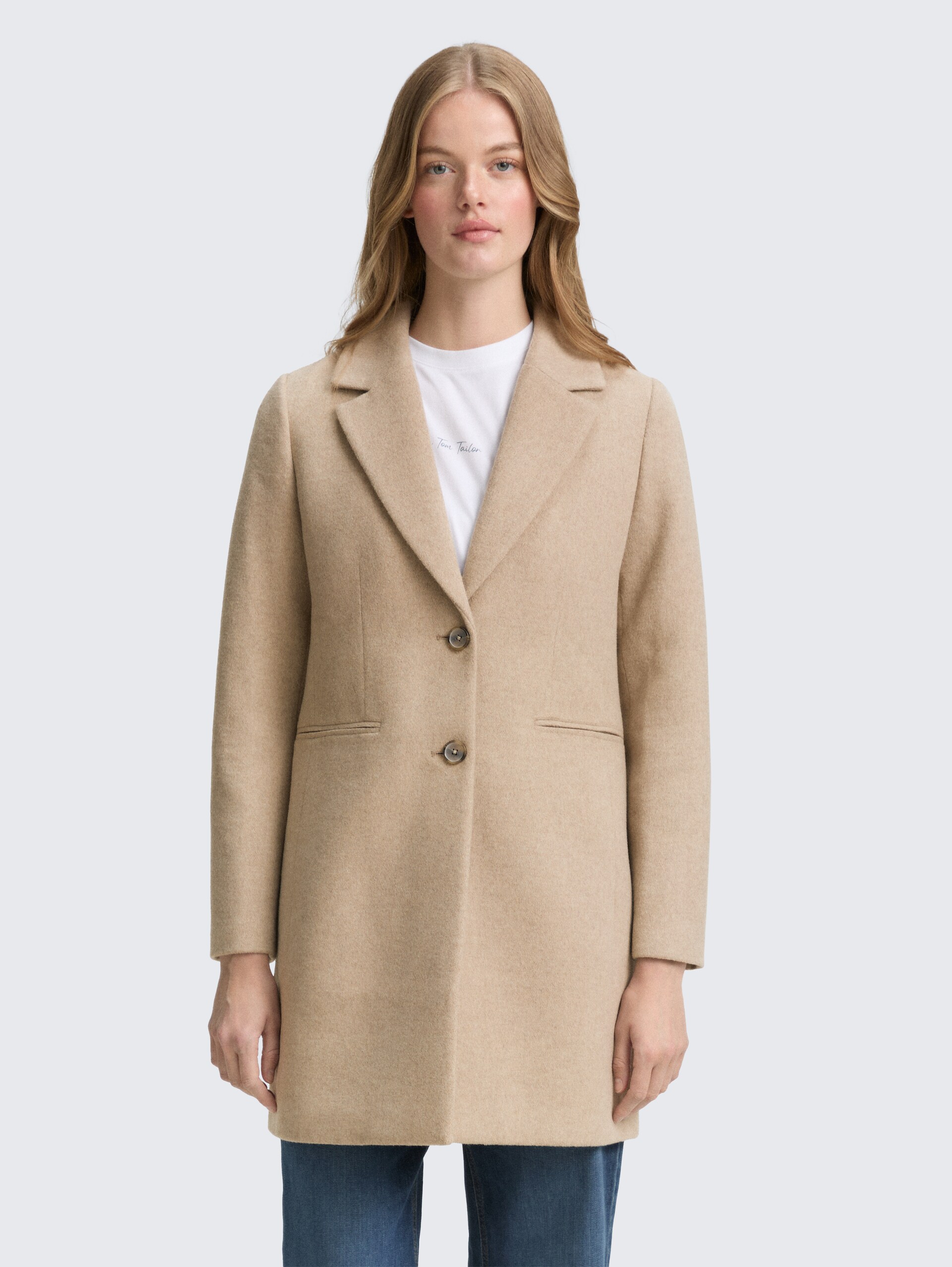 Slim Fit Wollmantel - natural beige melange - Model-Vorderansicht